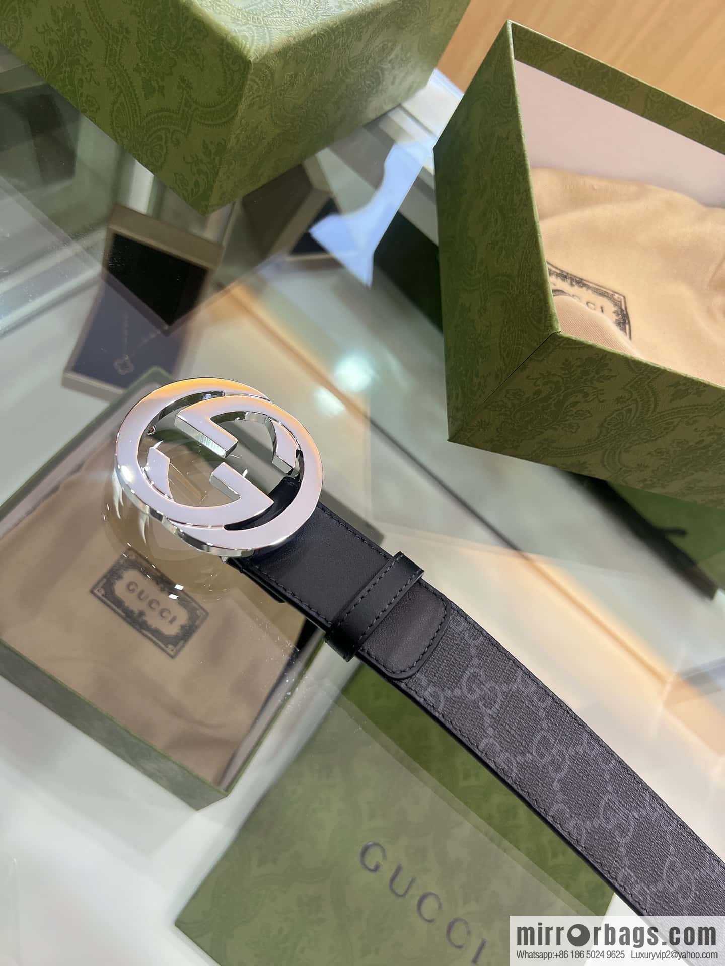 GUCCI dark canvas double G metal buckle printed belt