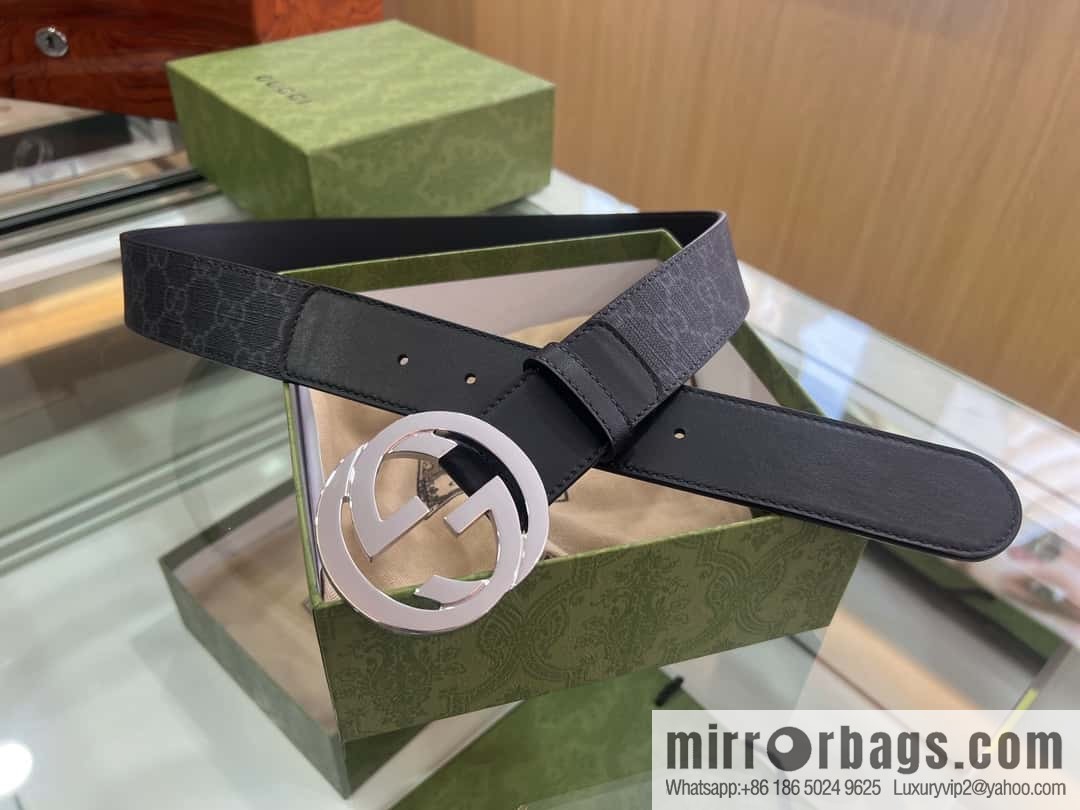 GUCCI dark canvas double G metal buckle printed belt