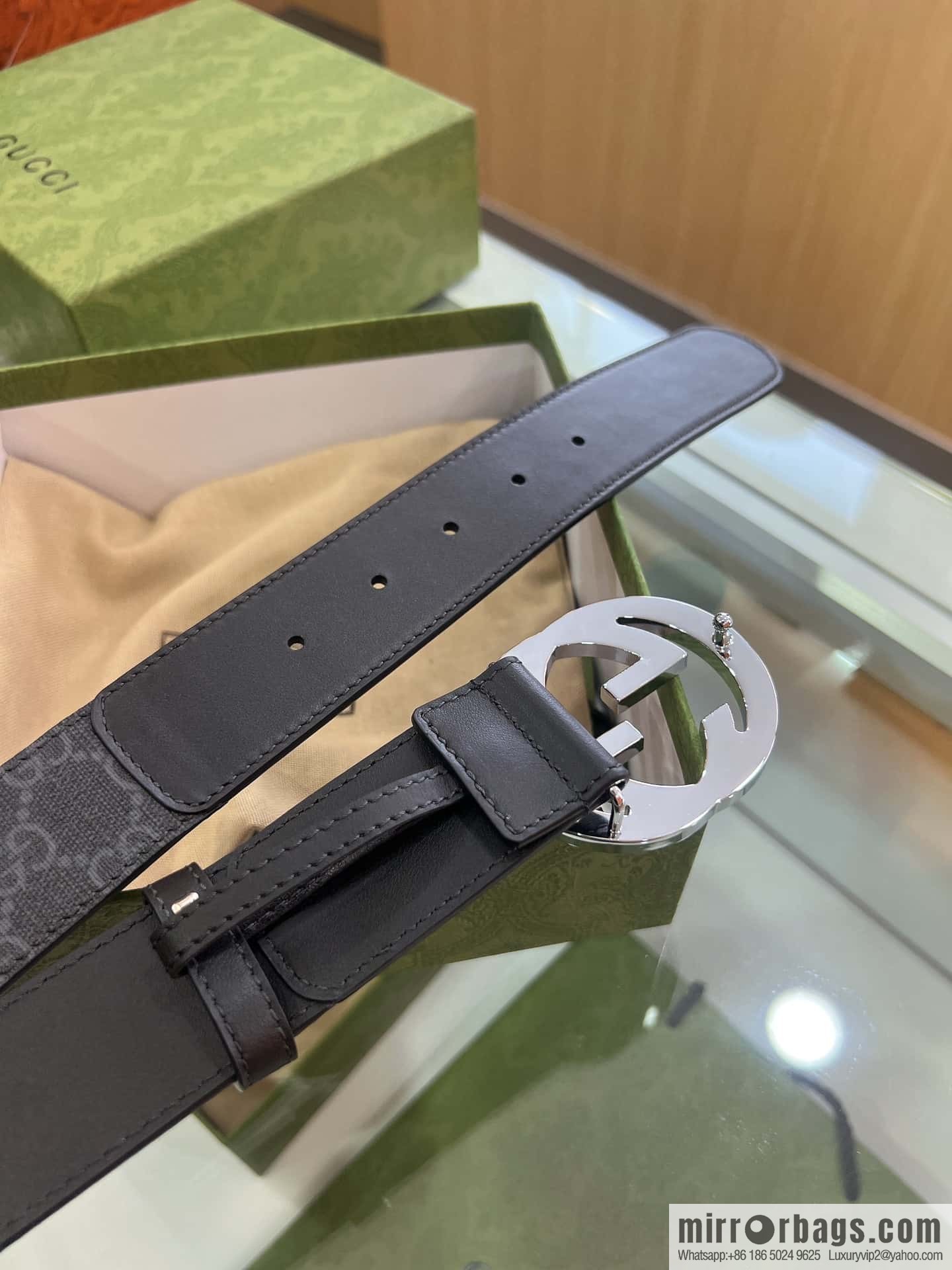 GUCCI dark canvas double G metal buckle printed belt