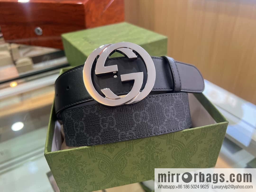GUCCI dark canvas double G metal buckle printed belt