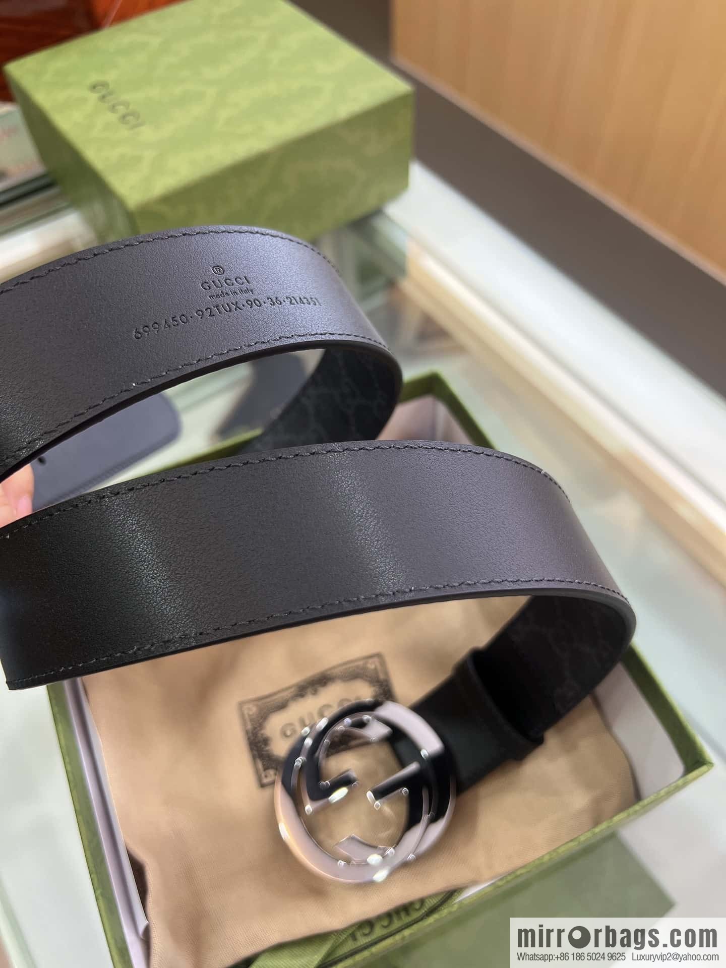 GUCCI dark canvas double G metal buckle printed belt