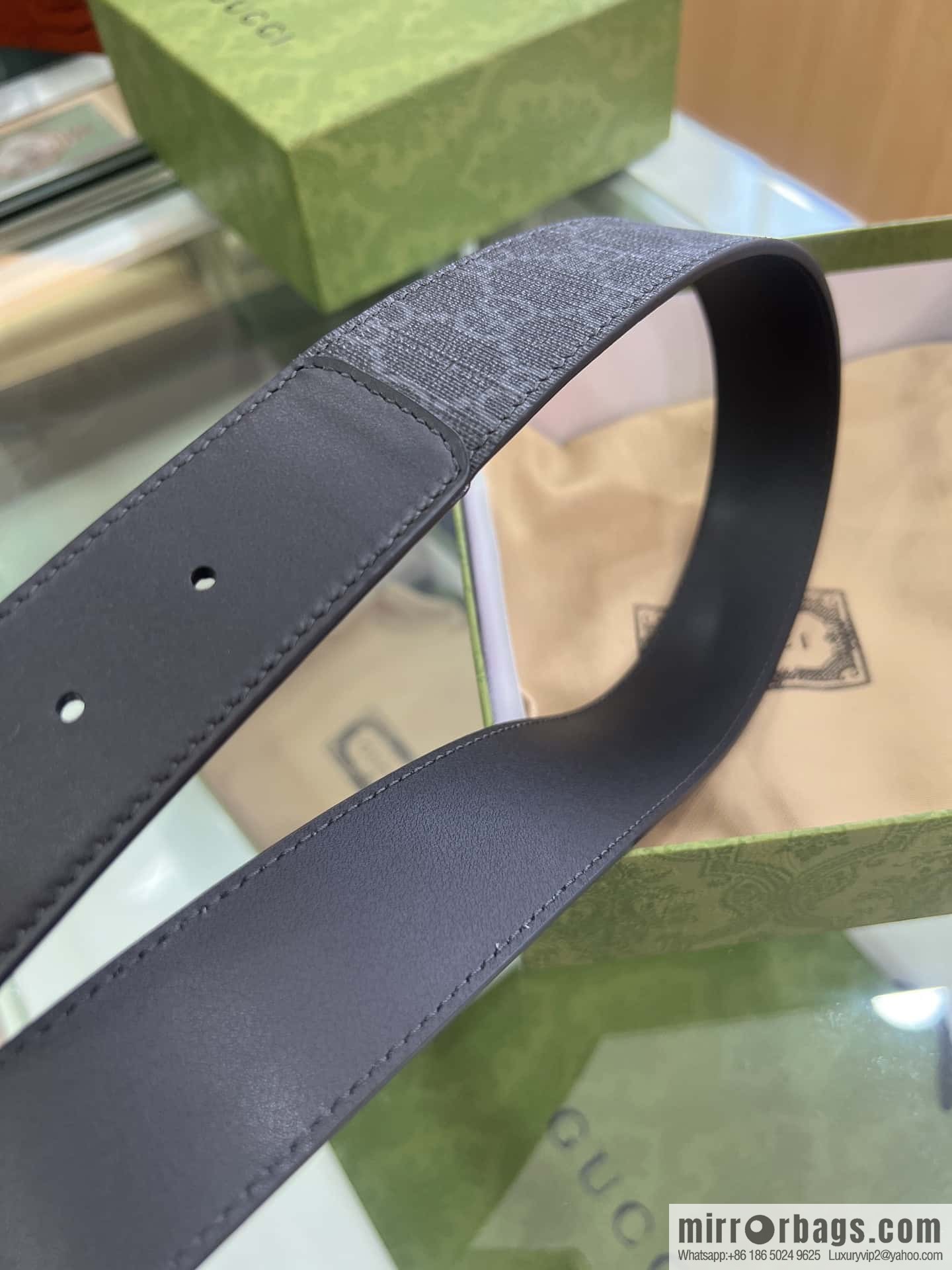 GUCCI dark canvas double G metal buckle printed belt
