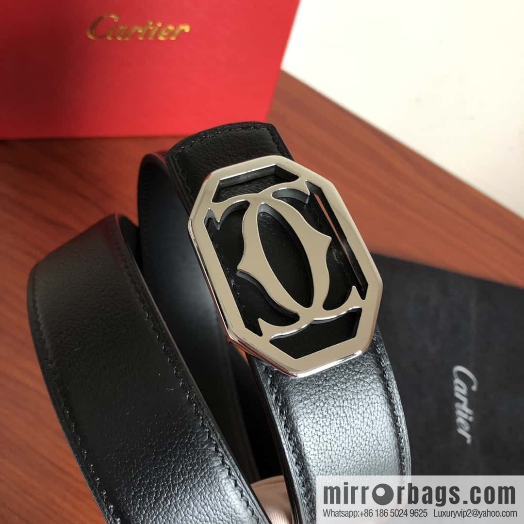Cartier 3.5cm Stainless Steel Double C Hollow Metal Buckle Top Cowhide Sheep Textured Belt