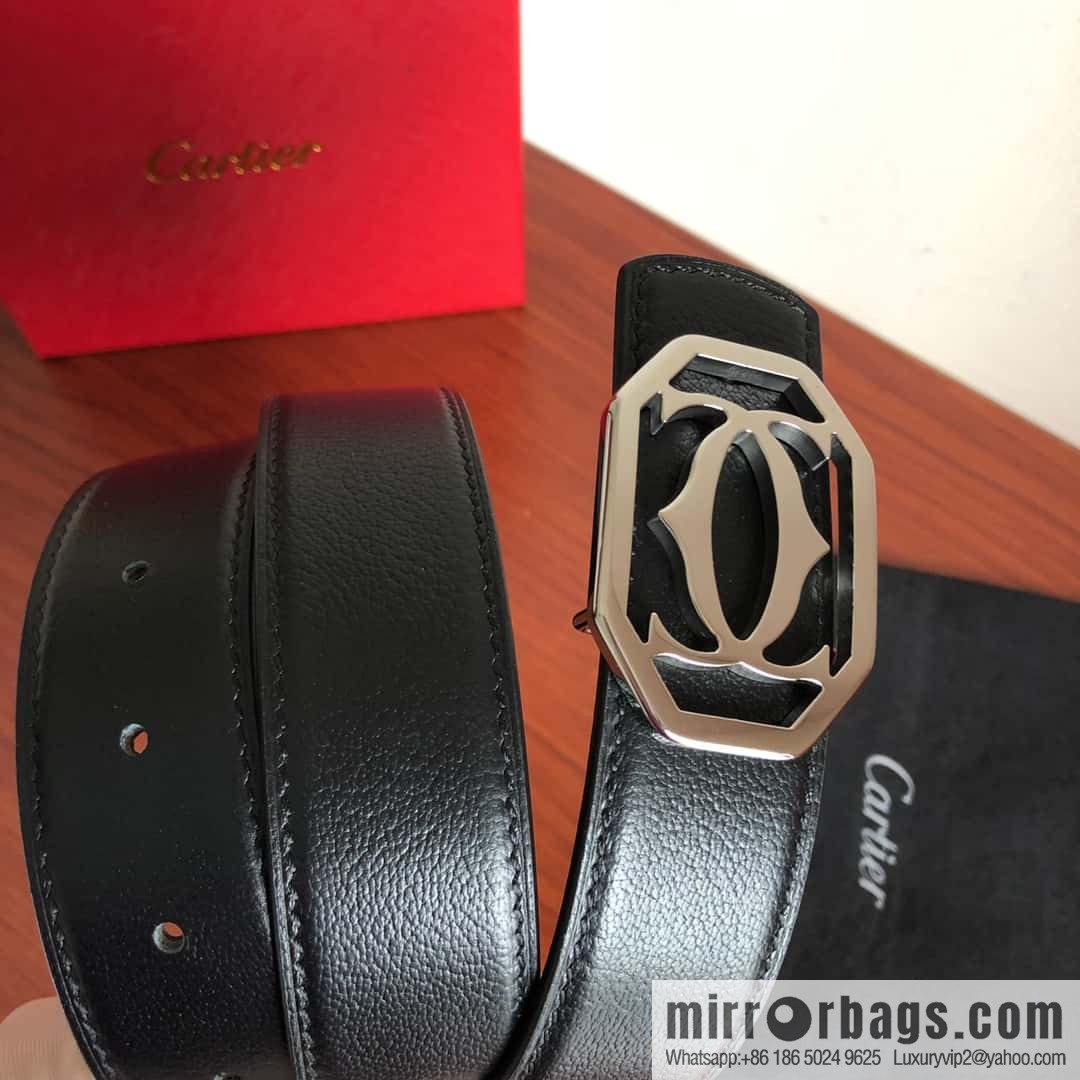 Cartier 3.5cm Stainless Steel Double C Hollow Metal Buckle Top Cowhide Sheep Textured Belt