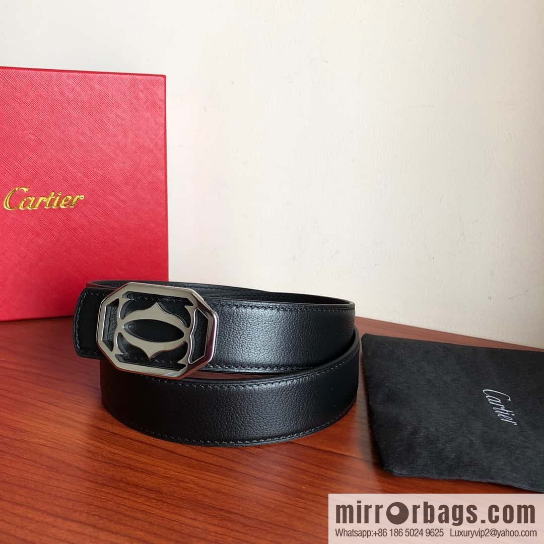 Cartier 3.5cm Stainless Steel Double C Hollow Metal Buckle Top Cowhide Sheep Textured Belt