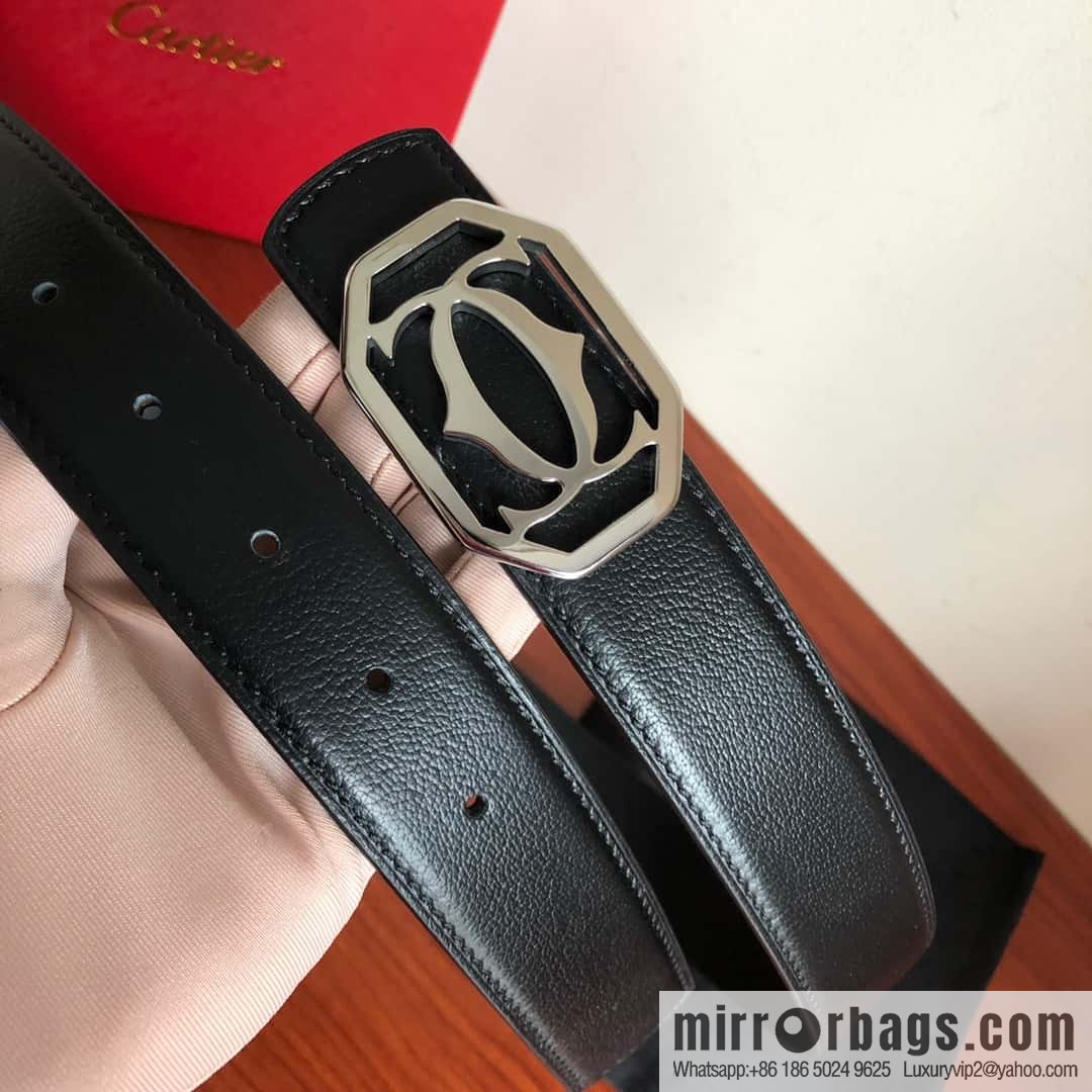 Cartier 3.5cm Stainless Steel Double C Hollow Metal Buckle Top Cowhide Sheep Textured Belt