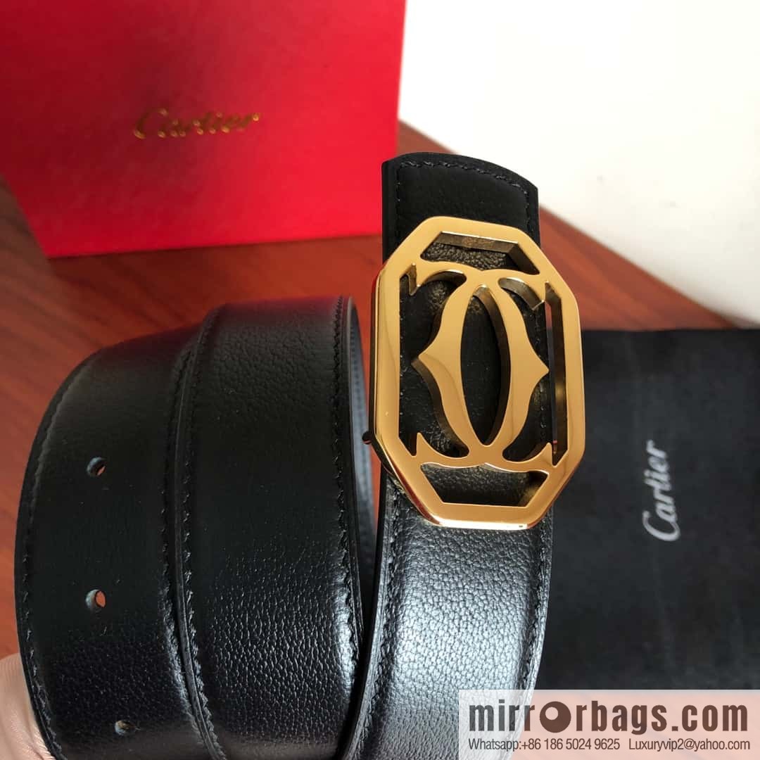 Cartier 3.5cm Stainless Steel Double C Hollow Metal Buckle Top Cowhide Sheep Textured Belt