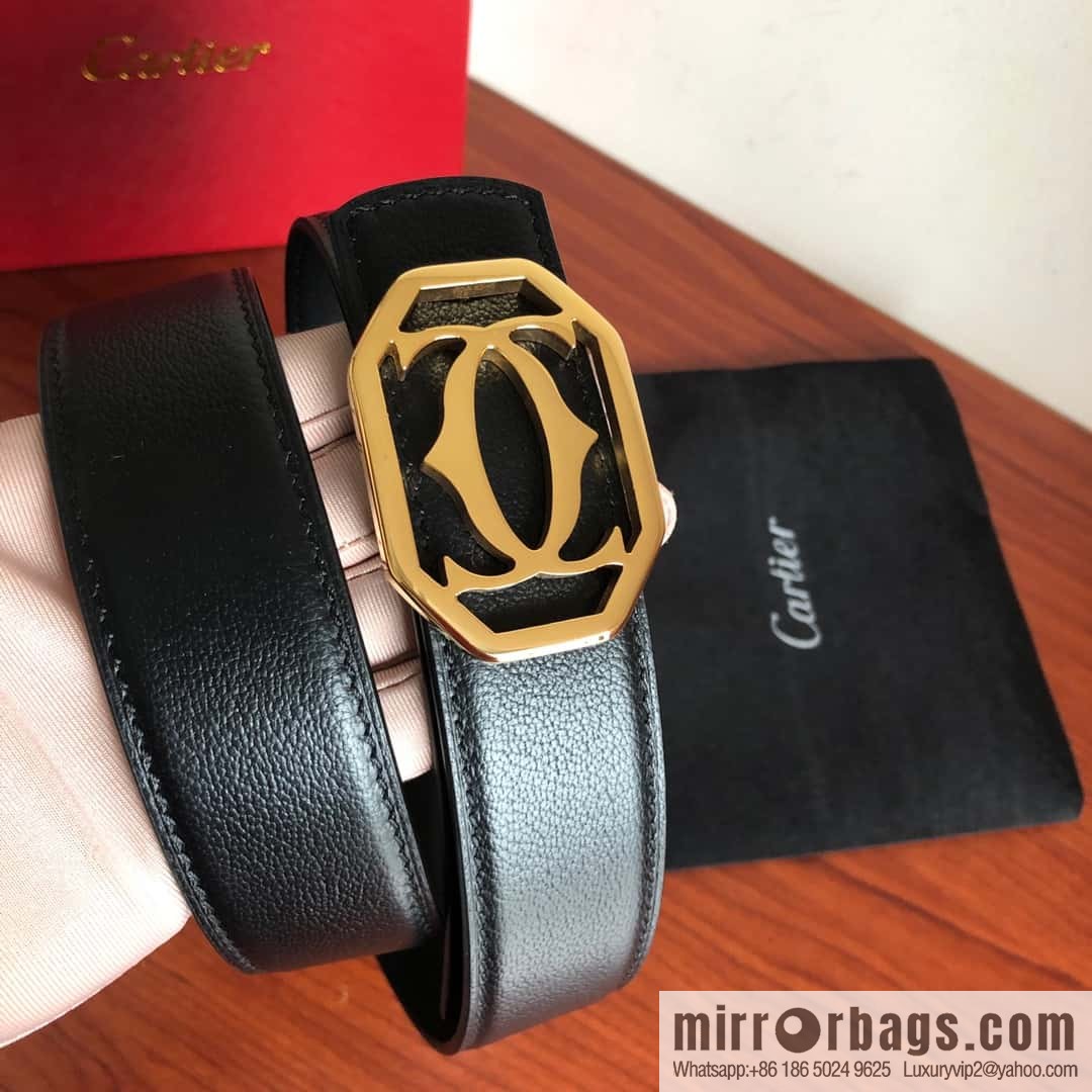 Cartier 3.5cm Stainless Steel Double C Hollow Metal Buckle Top Cowhide Sheep Textured Belt