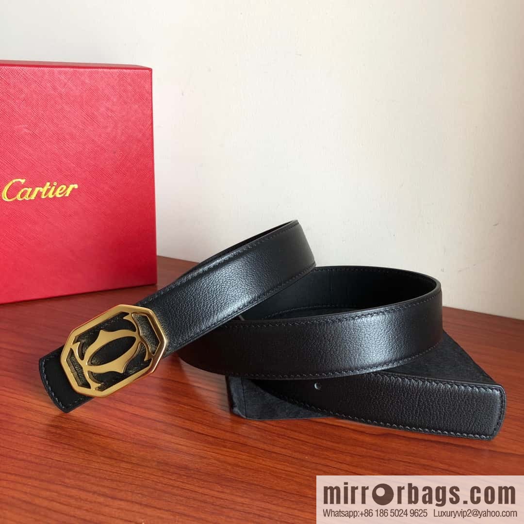 Cartier 3.5cm Stainless Steel Double C Hollow Metal Buckle Top Cowhide Sheep Textured Belt