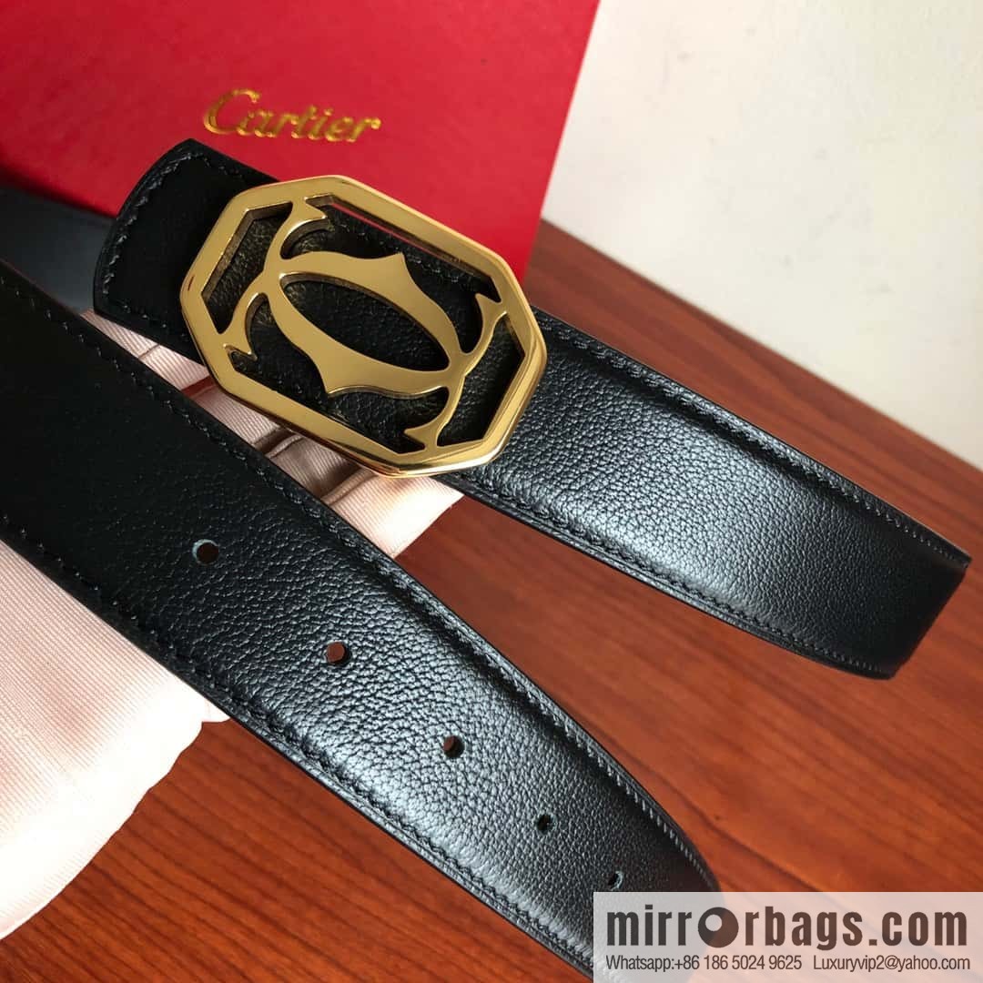 Cartier 3.5cm Stainless Steel Double C Hollow Metal Buckle Top Cowhide Sheep Textured Belt