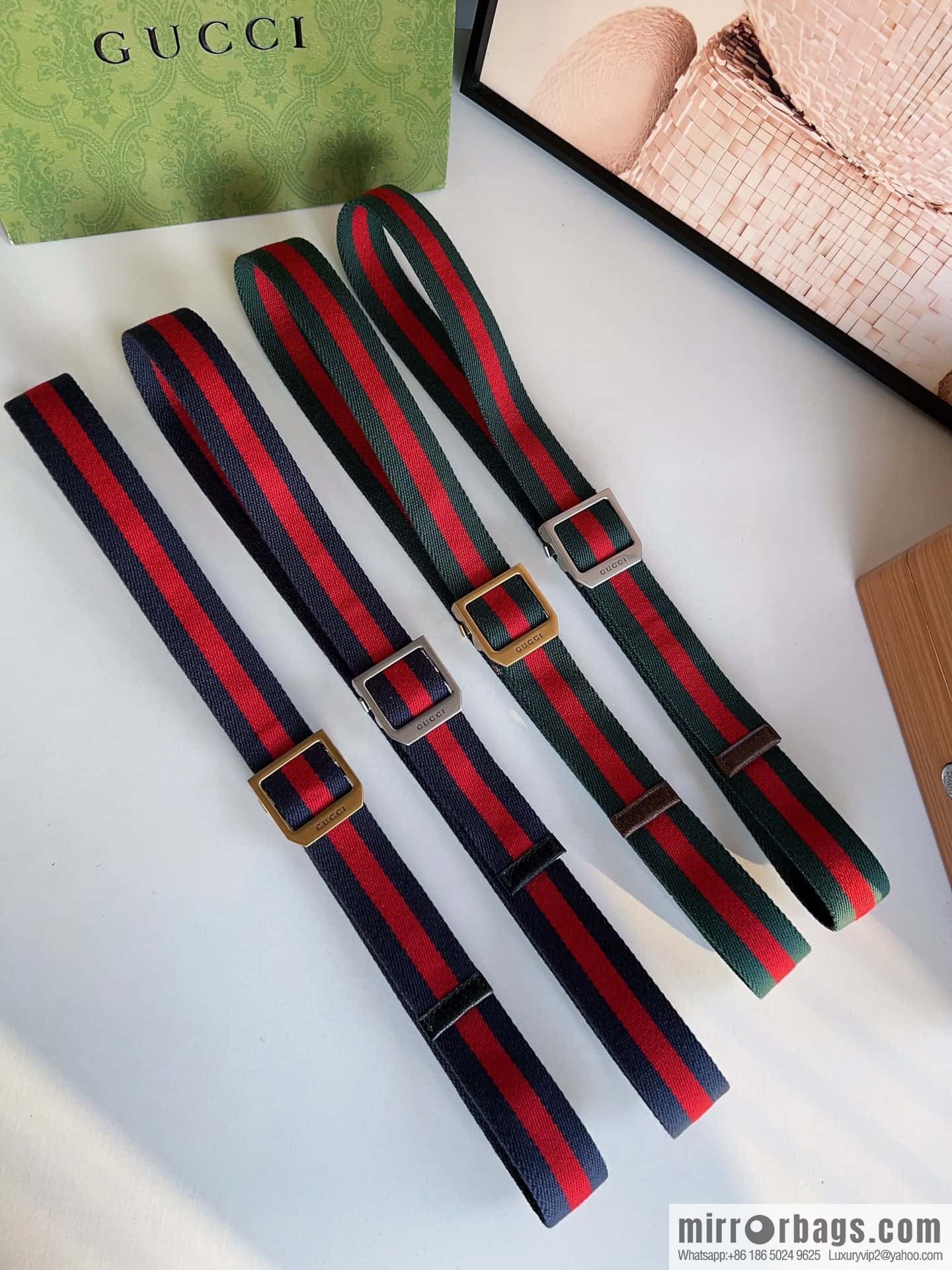 Gucci22FW Rectangle Buckle Blue Red Ribbon Belt