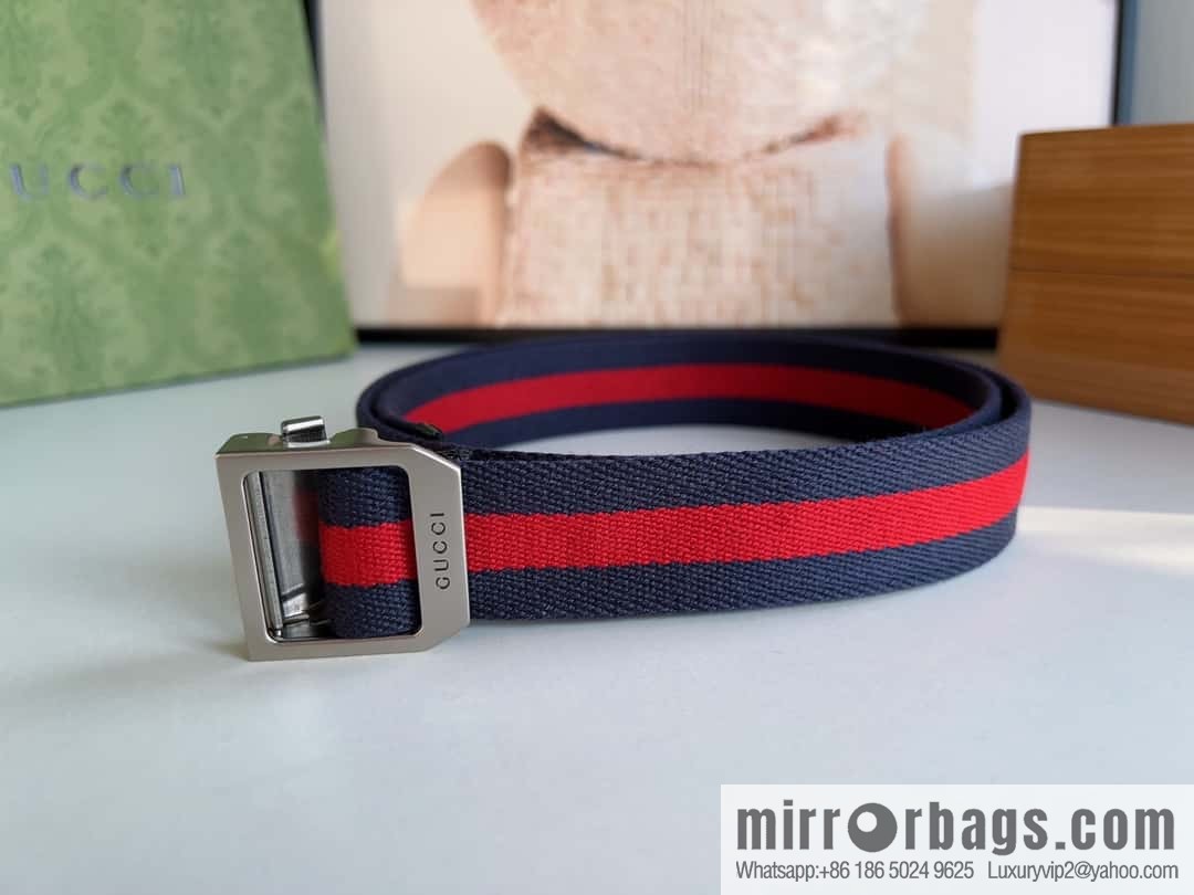 Gucci22FW Rectangle Buckle Blue Red Ribbon Belt