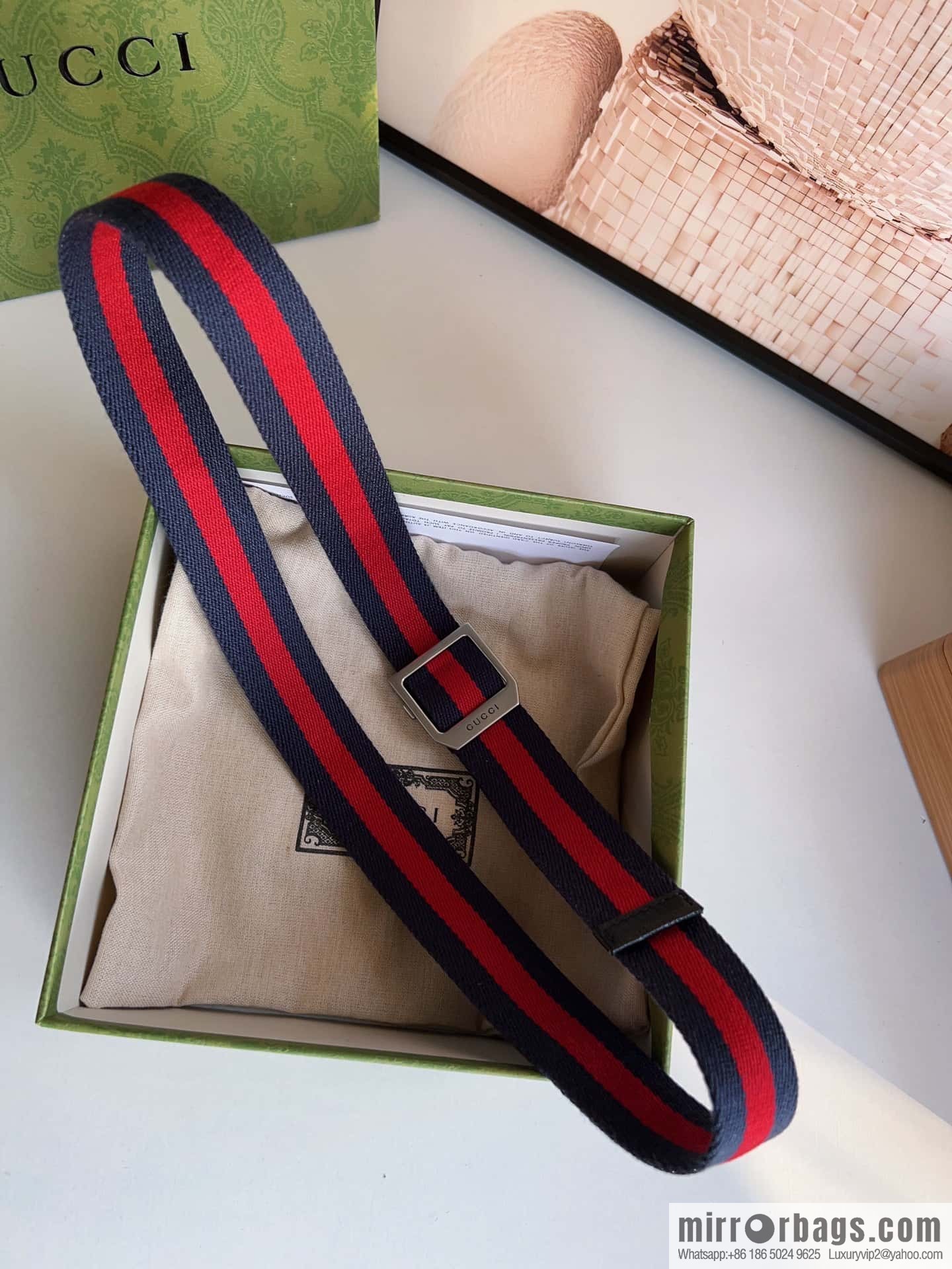 Gucci22FW Rectangle Buckle Blue Red Ribbon Belt