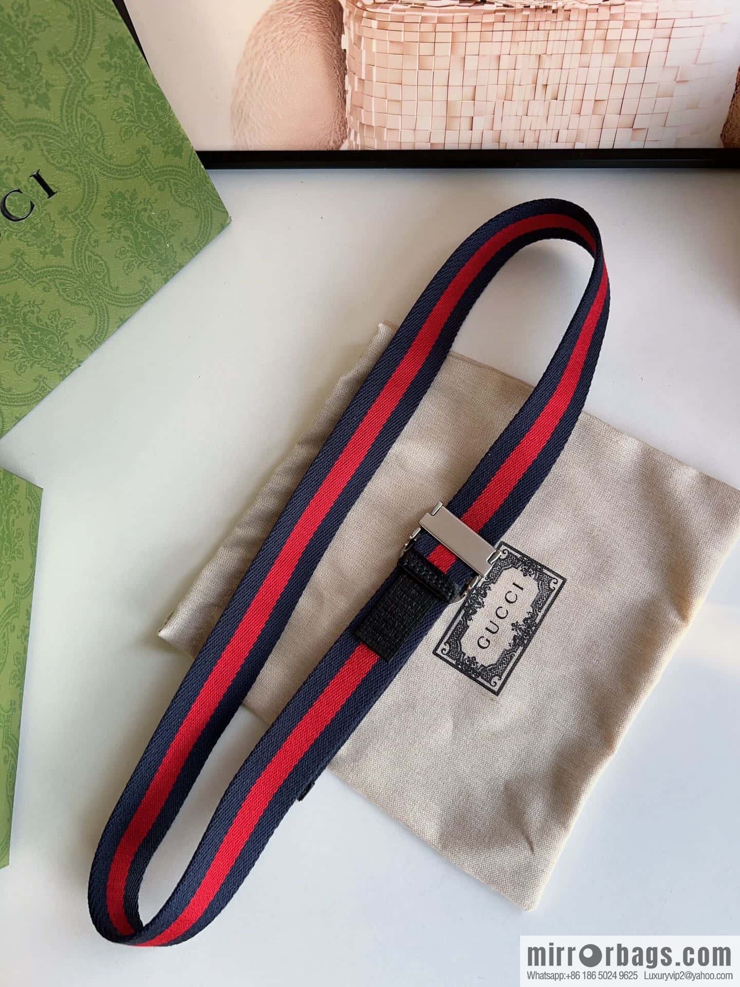 Gucci22FW Rectangle Buckle Blue Red Ribbon Belt