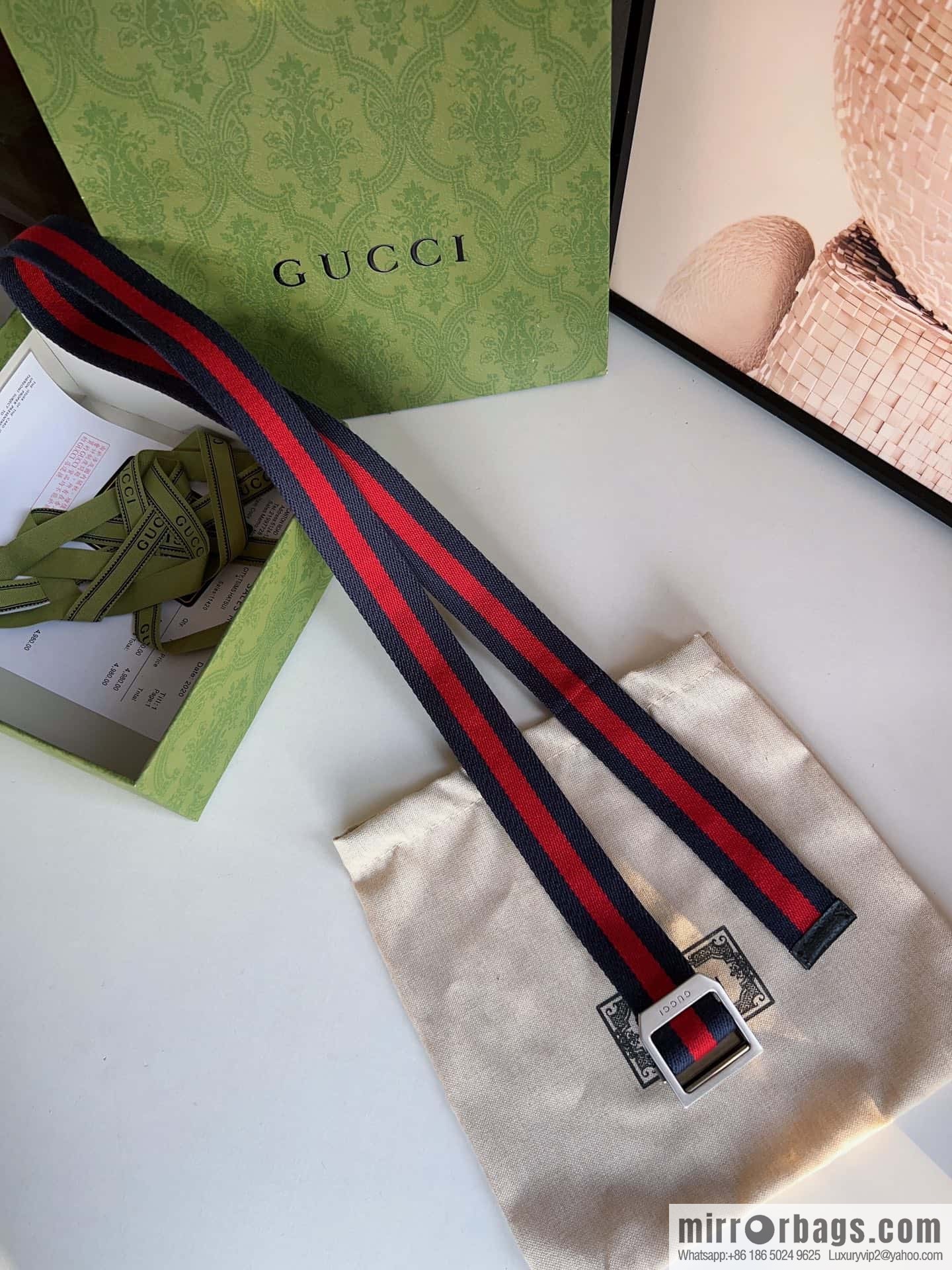 Gucci22FW Rectangle Buckle Blue Red Ribbon Belt