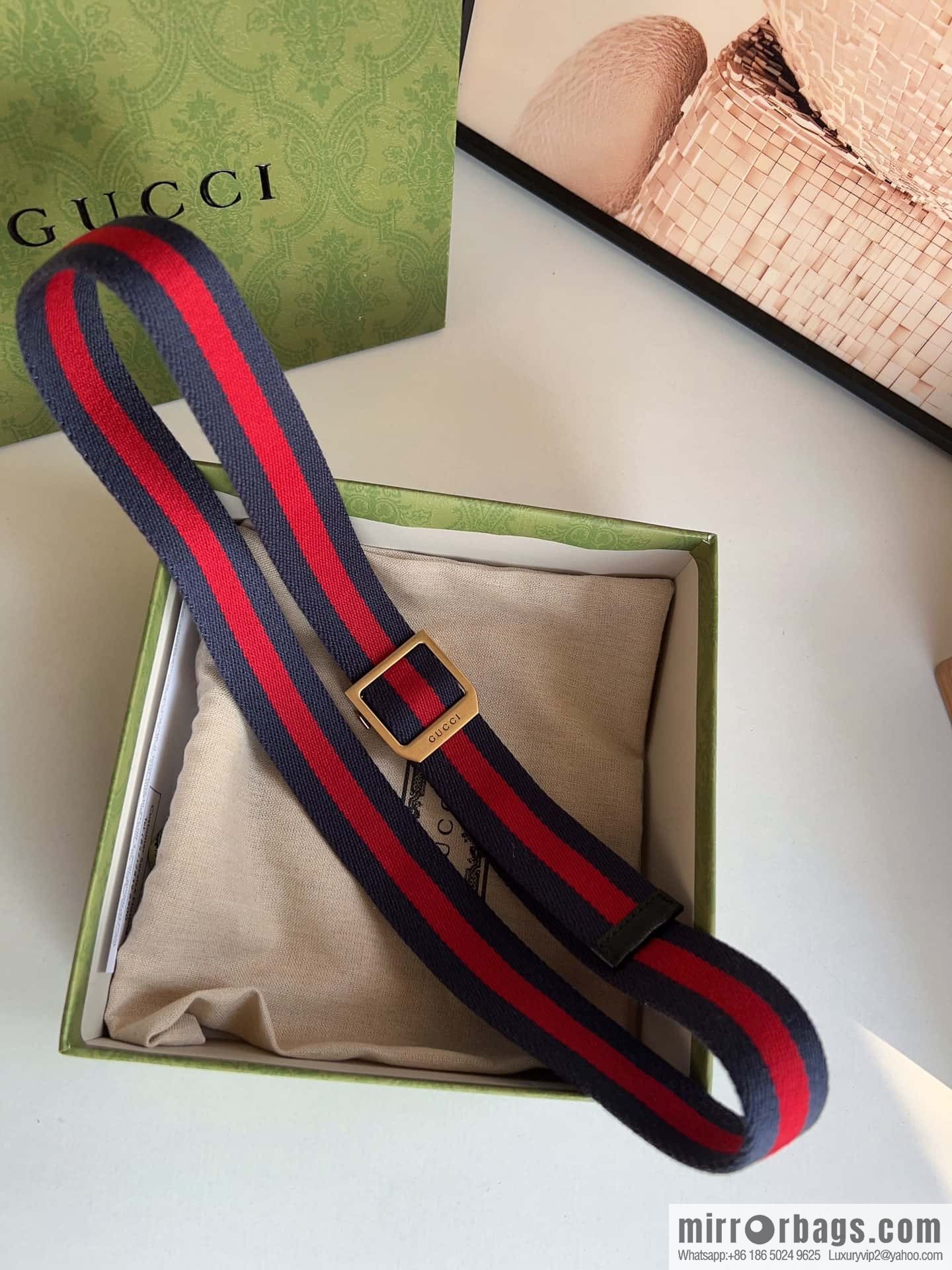 Gucci22FW Rectangle Buckle Blue Red Ribbon Belt