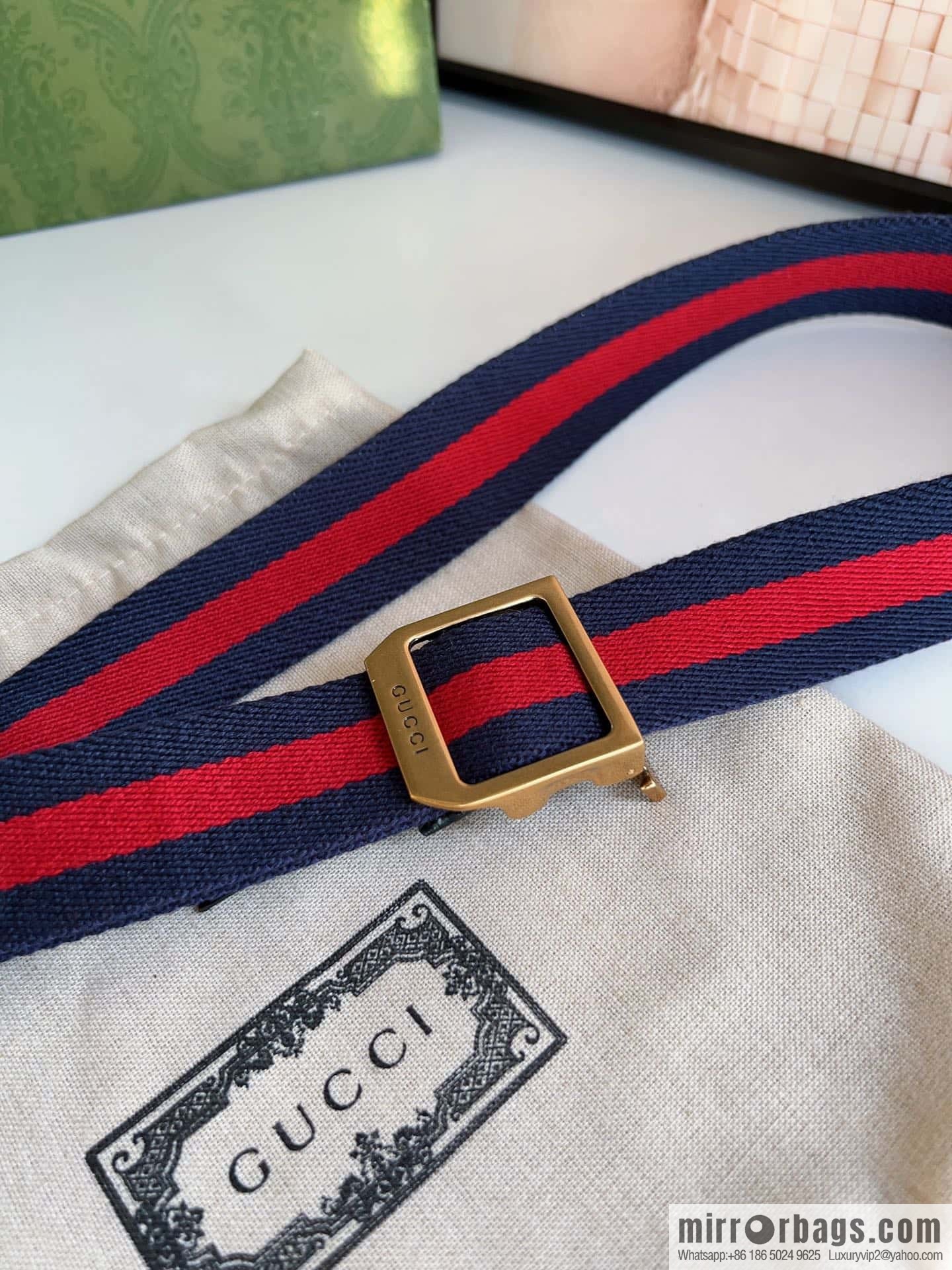 Gucci22FW Rectangle Buckle Blue Red Ribbon Belt