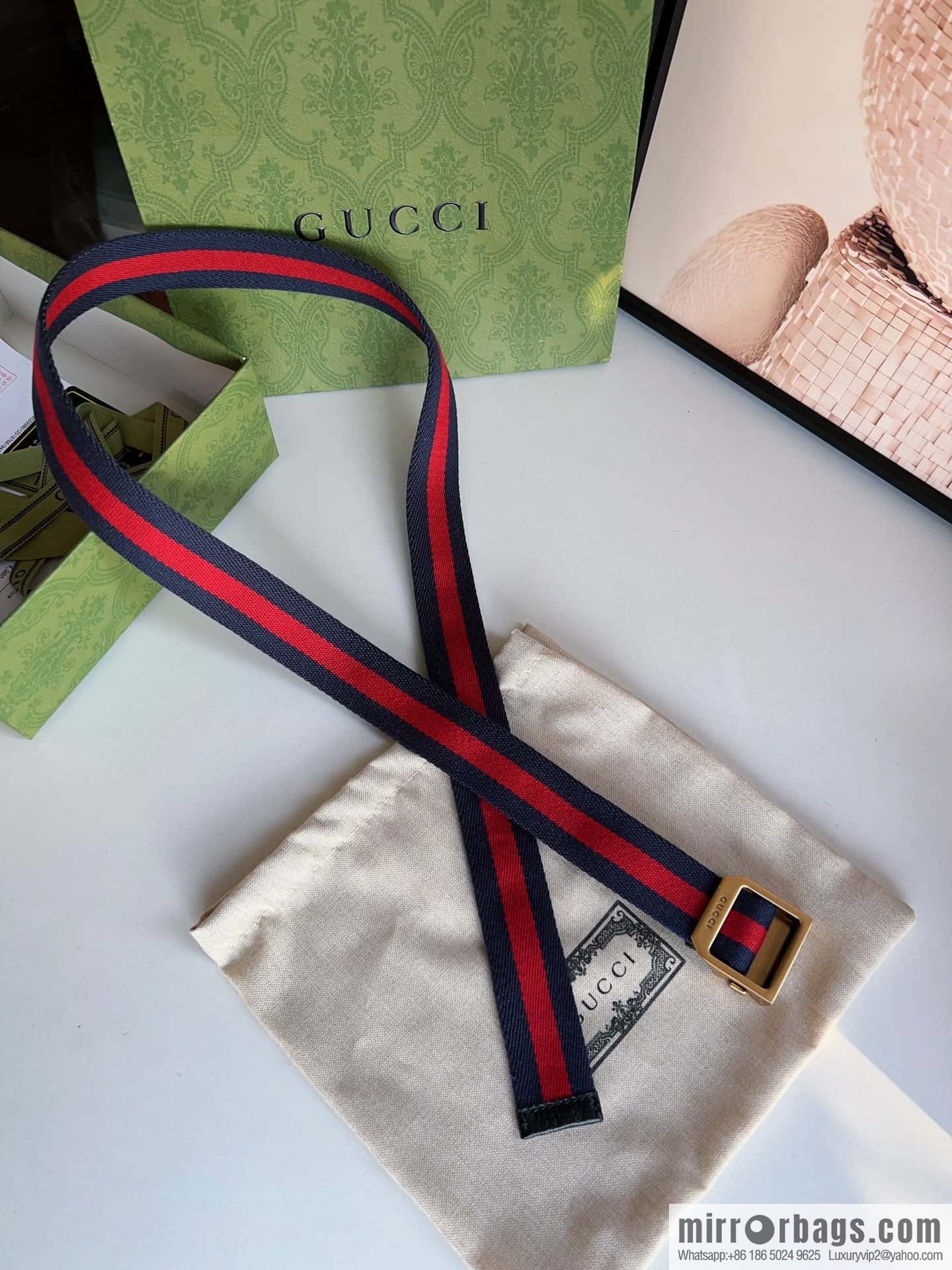 Gucci22FW Rectangle Buckle Blue Red Ribbon Belt