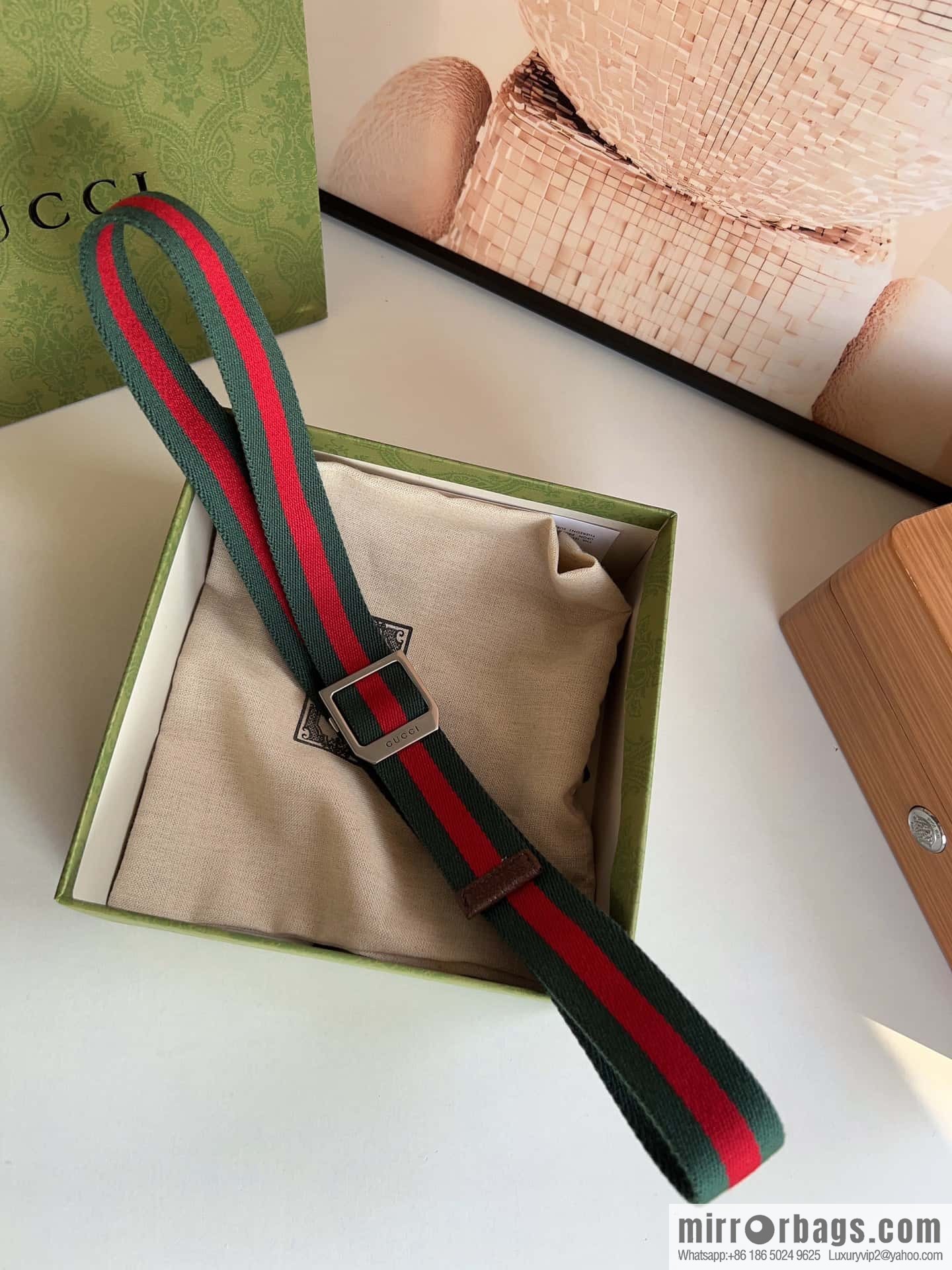 Gucci22FW Rectangle Buckle Blue Red Ribbon Belt
