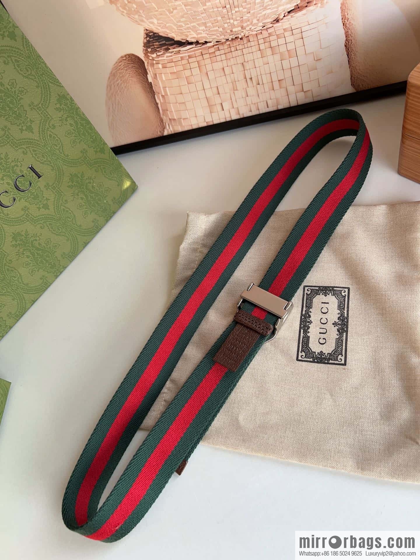 Gucci22FW Rectangle Buckle Blue Red Ribbon Belt