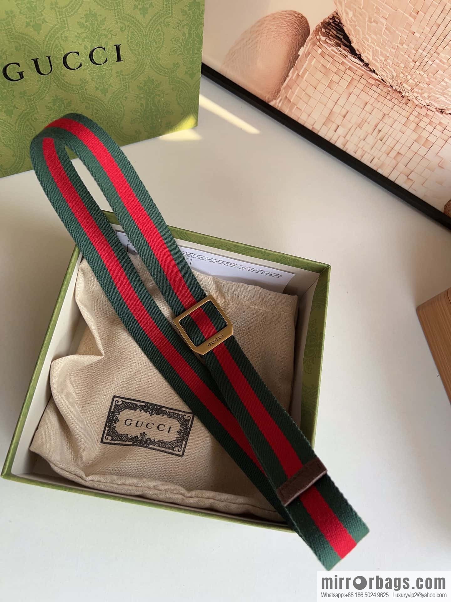 Gucci22FW Rectangle Buckle Blue Red Ribbon Belt