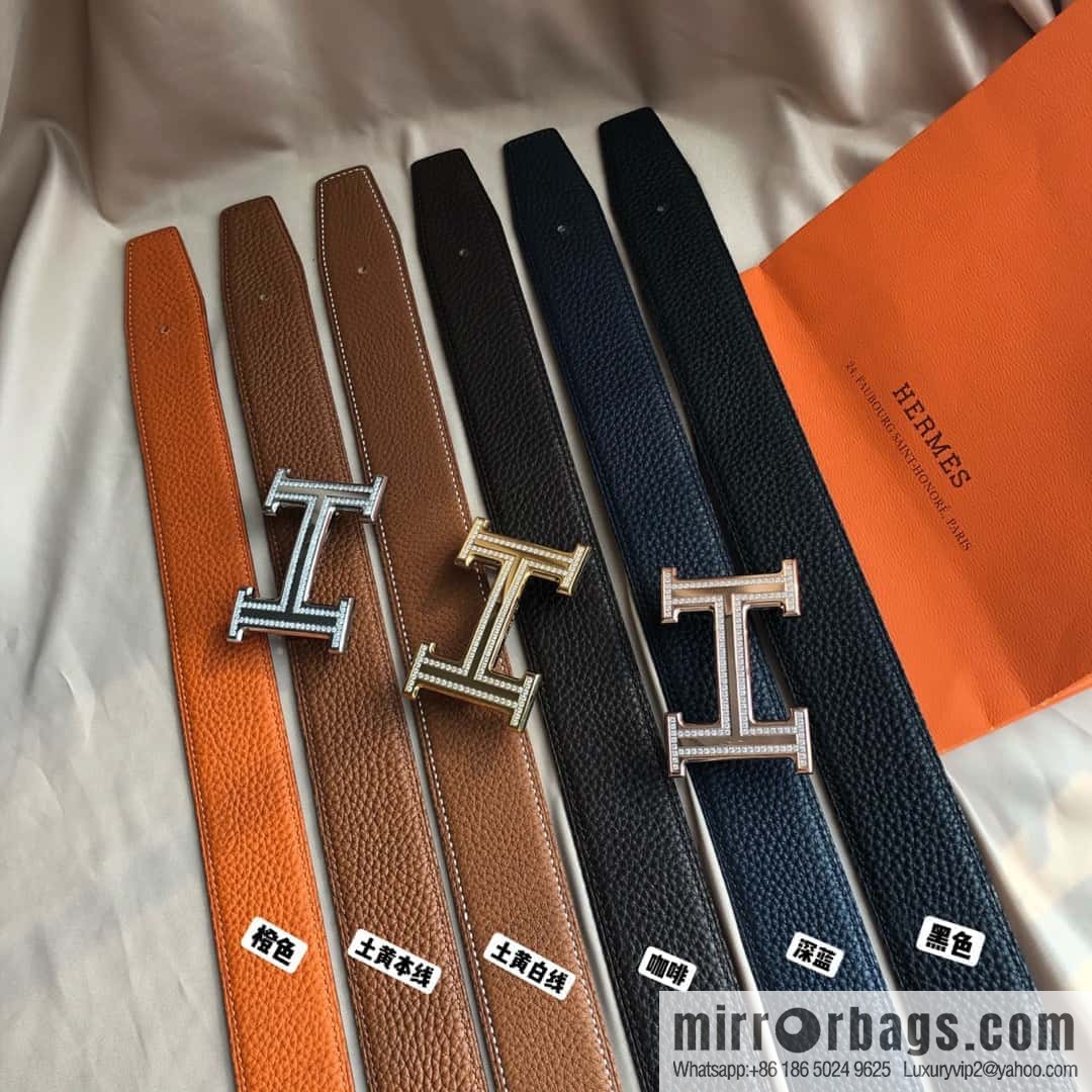 Hermes, Stainless Steel Double Row Diamond Buckle, Men's Double-Sided Leather Belt 38mm