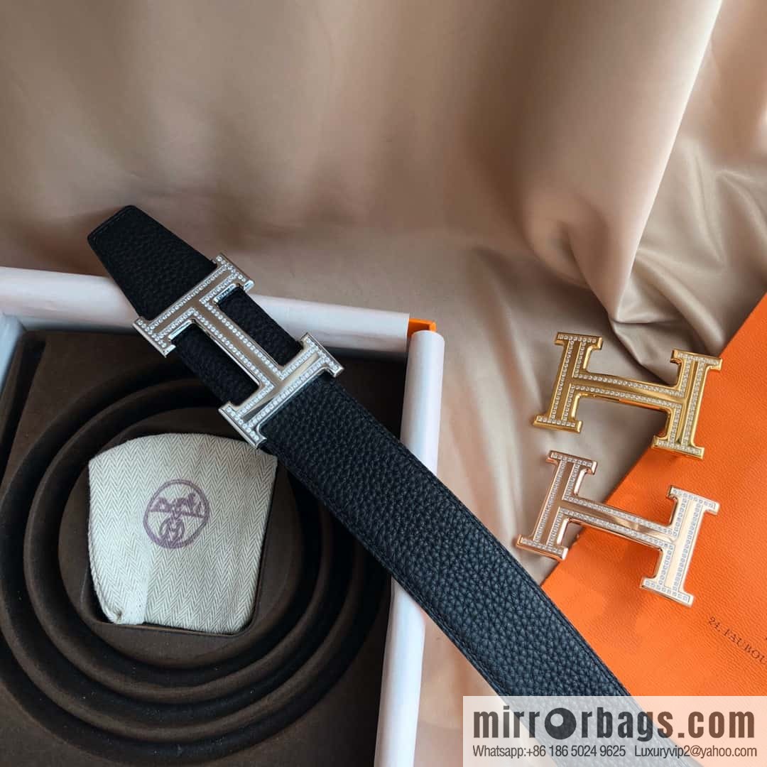 Hermes, Stainless Steel Double Row Diamond Buckle, Men's Double-Sided Leather Belt 38mm