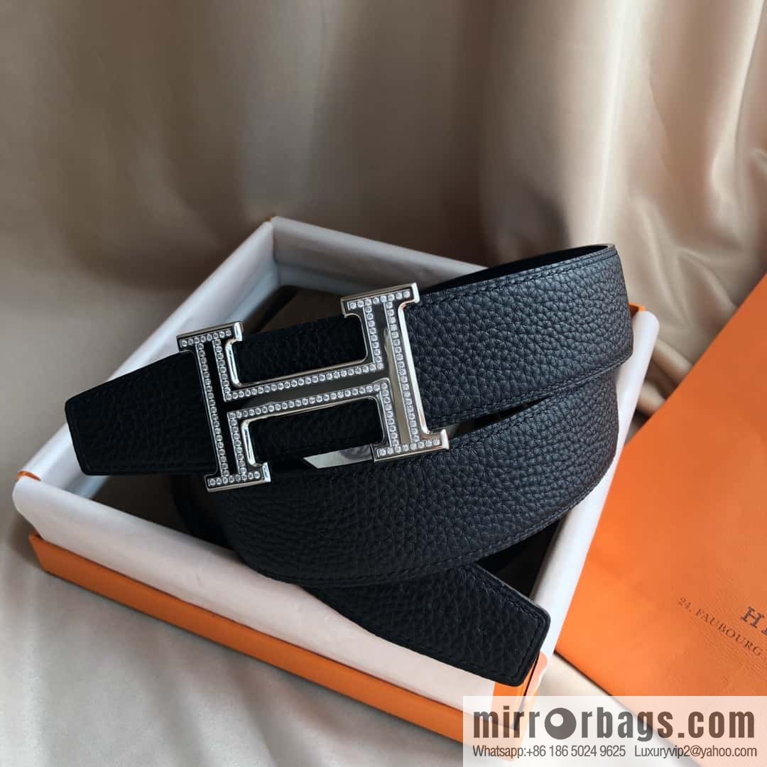 Hermes, Stainless Steel Double Row Diamond Buckle, Men's Double-Sided Leather Belt 38mm