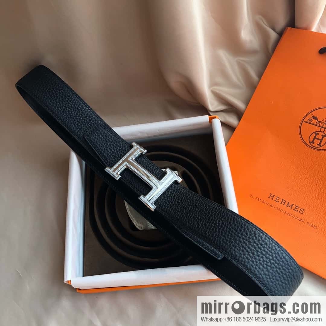 Hermes, Stainless Steel Double Row Diamond Buckle, Men's Double-Sided Leather Belt 38mm