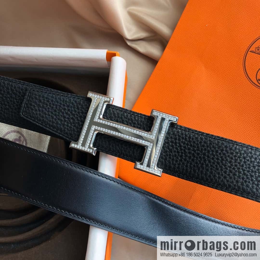 Hermes, Stainless Steel Double Row Diamond Buckle, Men's Double-Sided Leather Belt 38mm