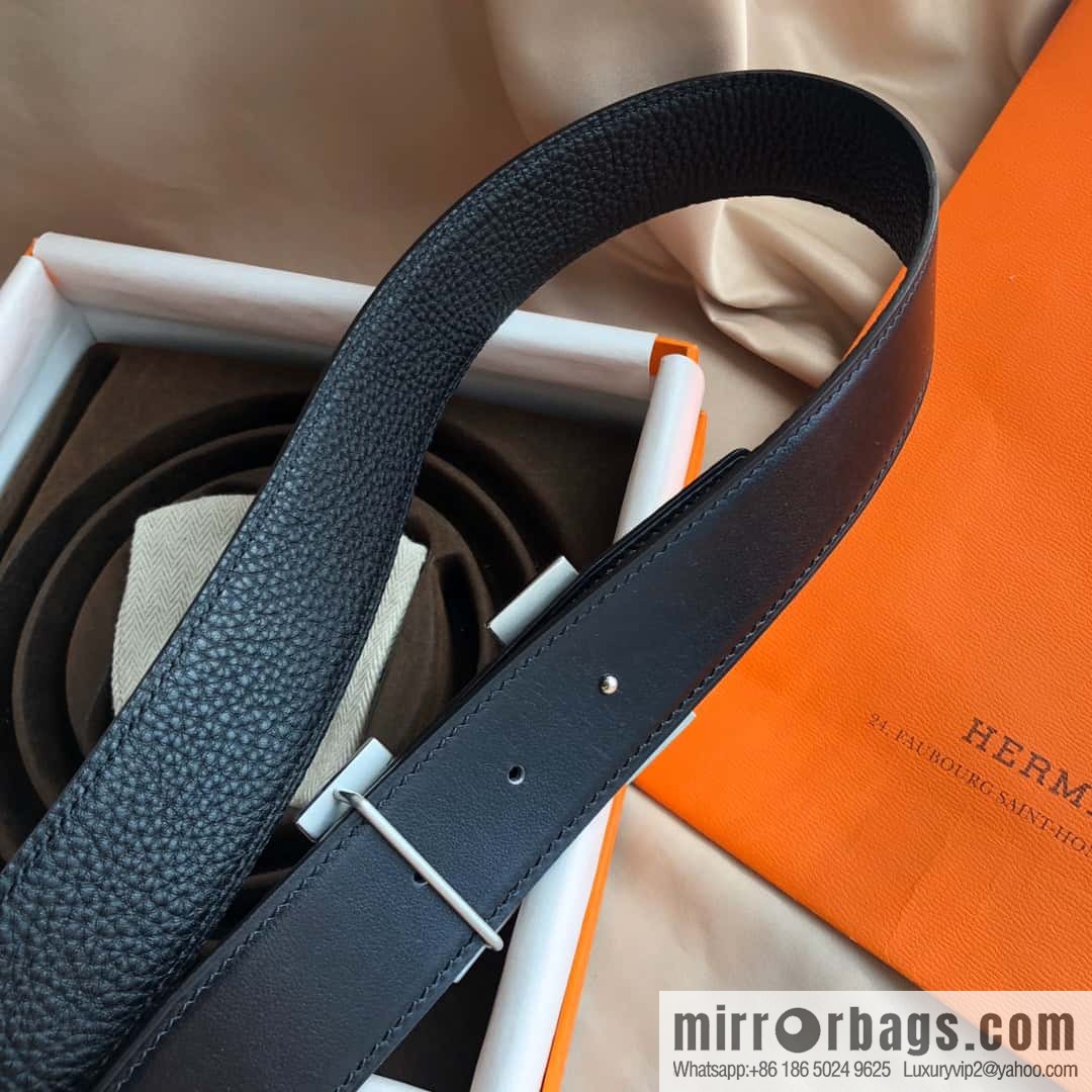 Hermes, Stainless Steel Double Row Diamond Buckle, Men's Double-Sided Leather Belt 38mm