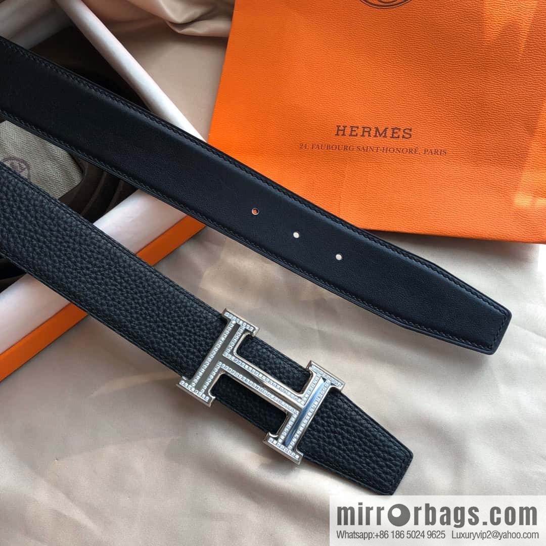 Hermes, Stainless Steel Double Row Diamond Buckle, Men's Double-Sided Leather Belt 38mm