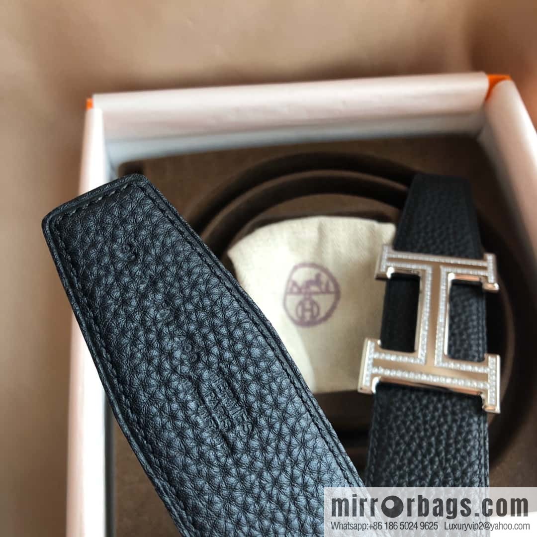 Hermes, Stainless Steel Double Row Diamond Buckle, Men's Double-Sided Leather Belt 38mm