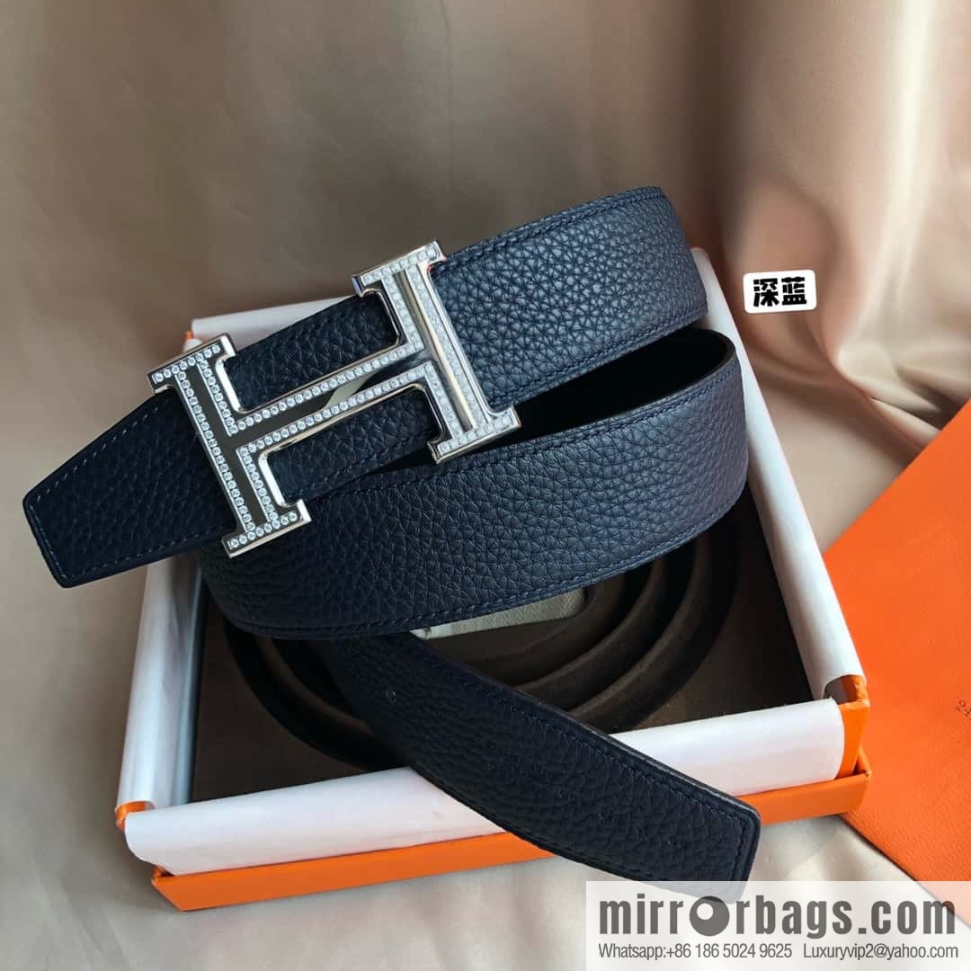 Hermes, Stainless Steel Double Row Diamond Buckle, Men's Double-Sided Leather Belt 38mm