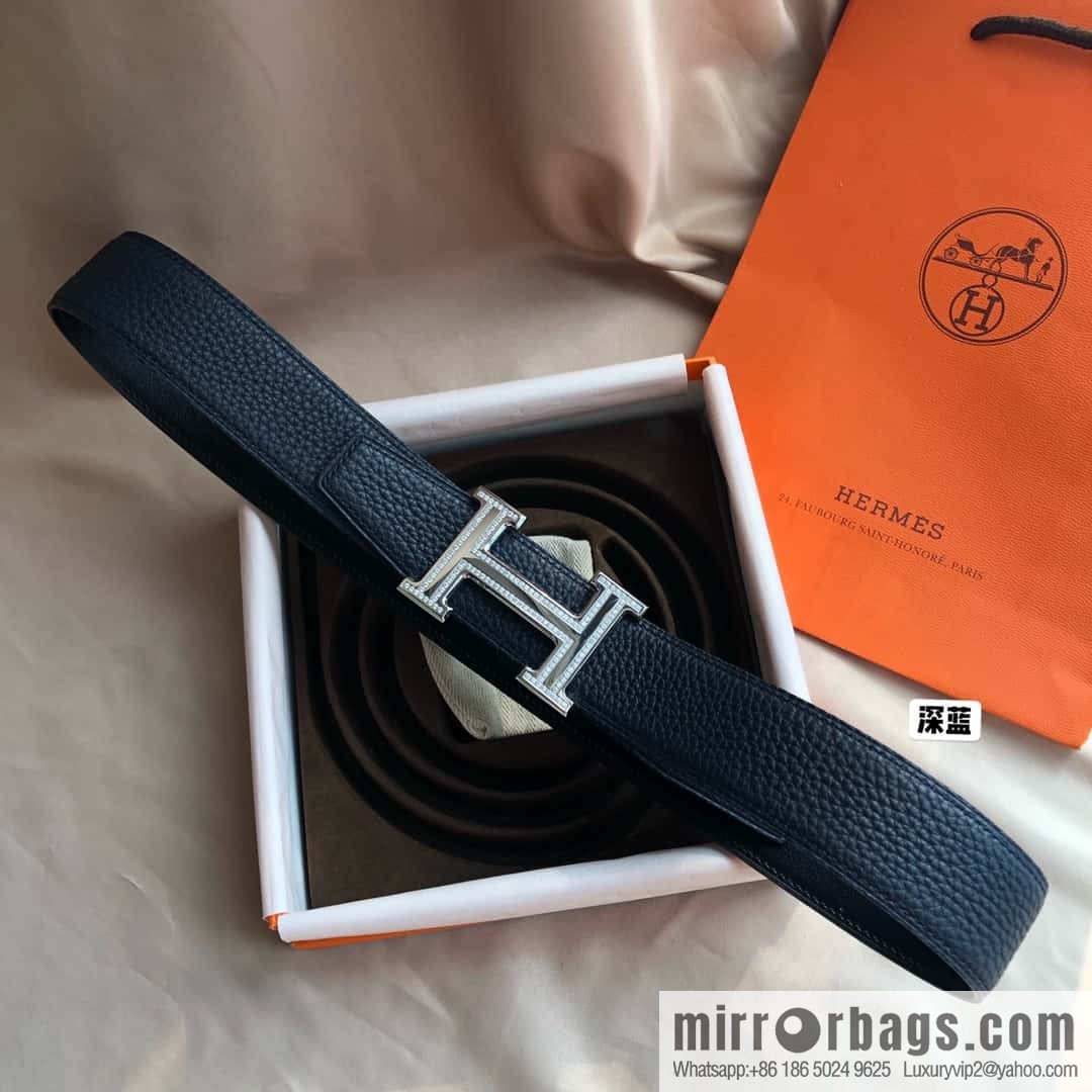 Hermes, Stainless Steel Double Row Diamond Buckle, Men's Double-Sided Leather Belt 38mm