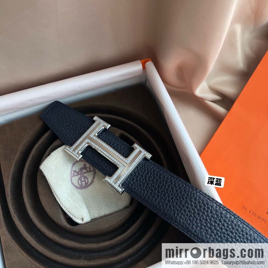Hermes, Stainless Steel Double Row Diamond Buckle, Men's Double-Sided Leather Belt 38mm