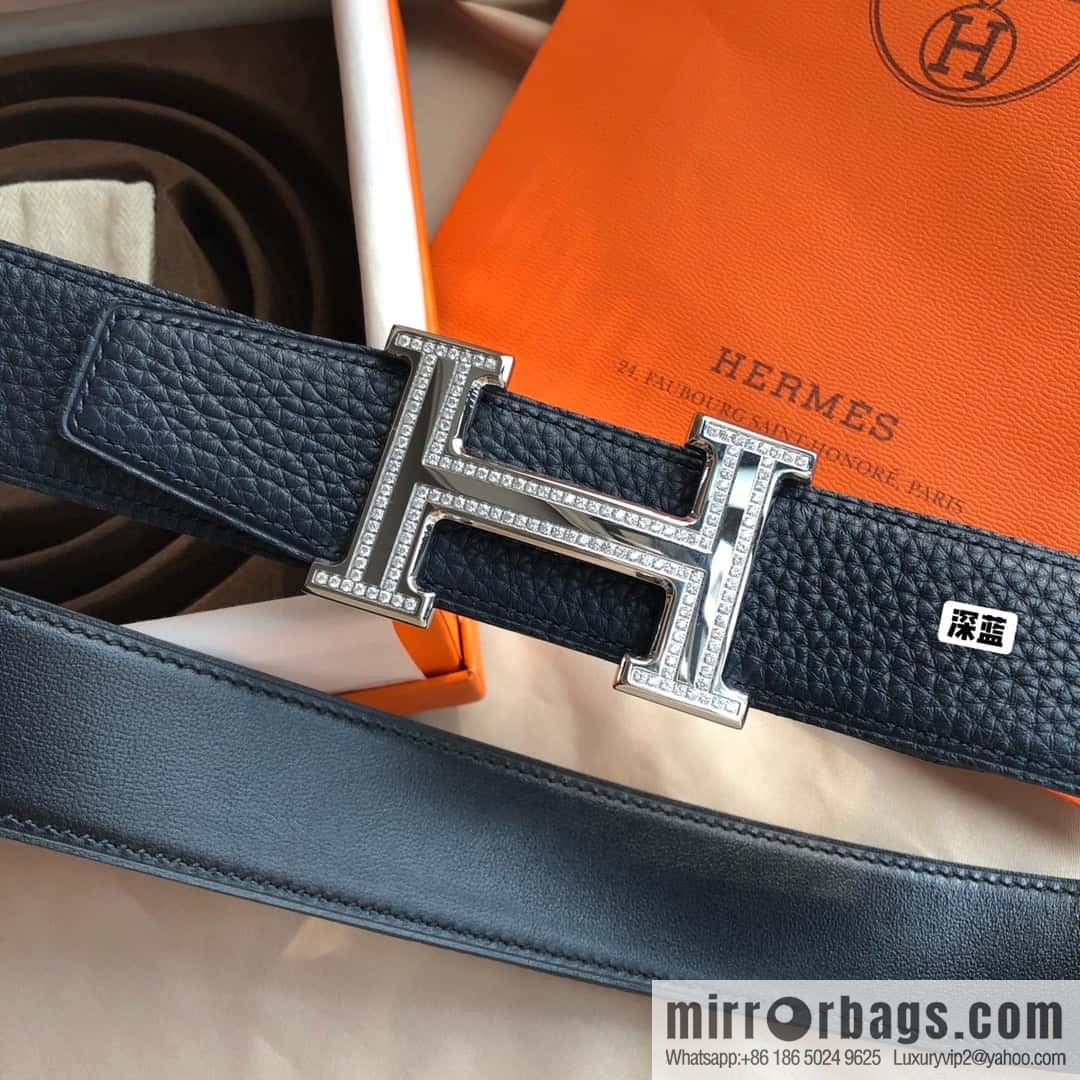 Hermes, Stainless Steel Double Row Diamond Buckle, Men's Double-Sided Leather Belt 38mm