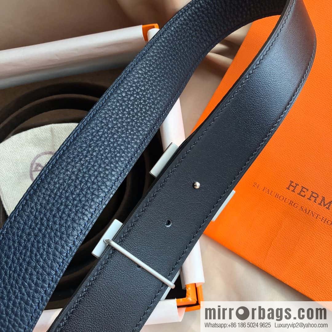 Hermes, Stainless Steel Double Row Diamond Buckle, Men's Double-Sided Leather Belt 38mm