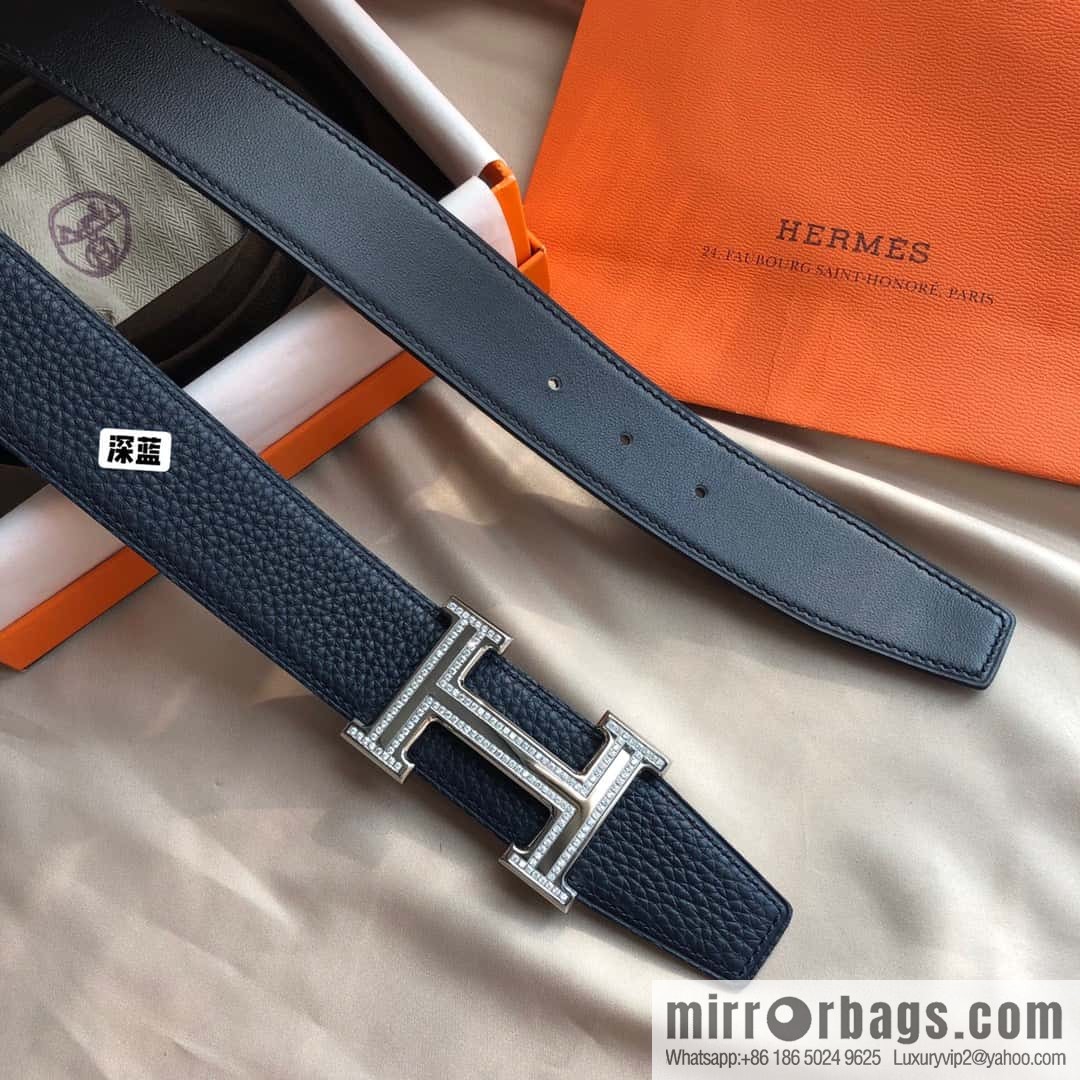 Hermes, Stainless Steel Double Row Diamond Buckle, Men's Double-Sided Leather Belt 38mm