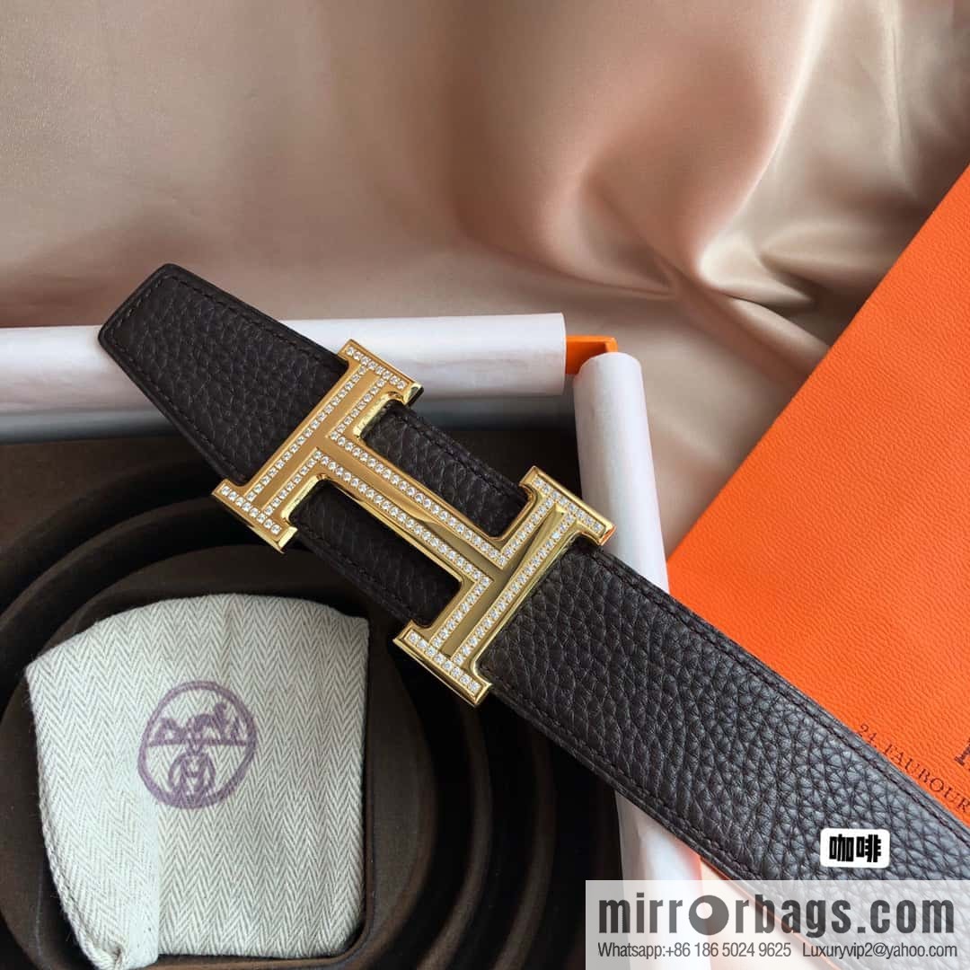 Hermes, Stainless Steel Double Row Diamond Buckle, Men's Double-Sided Leather Belt 38mm