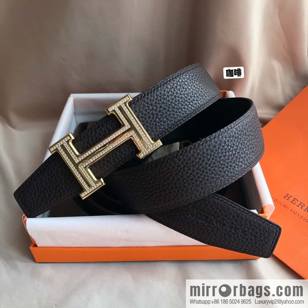 Hermes, Stainless Steel Double Row Diamond Buckle, Men's Double-Sided Leather Belt 38mm