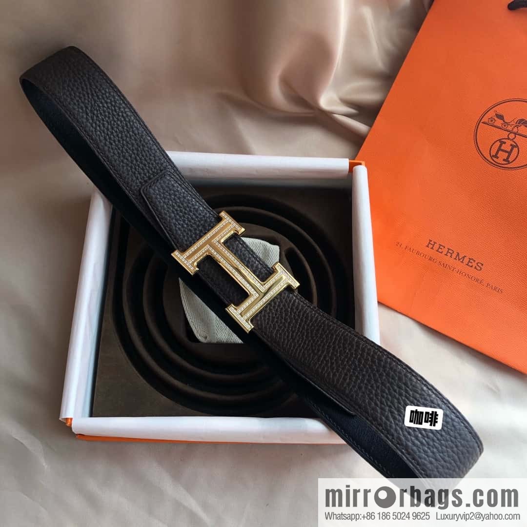 Hermes, Stainless Steel Double Row Diamond Buckle, Men's Double-Sided Leather Belt 38mm