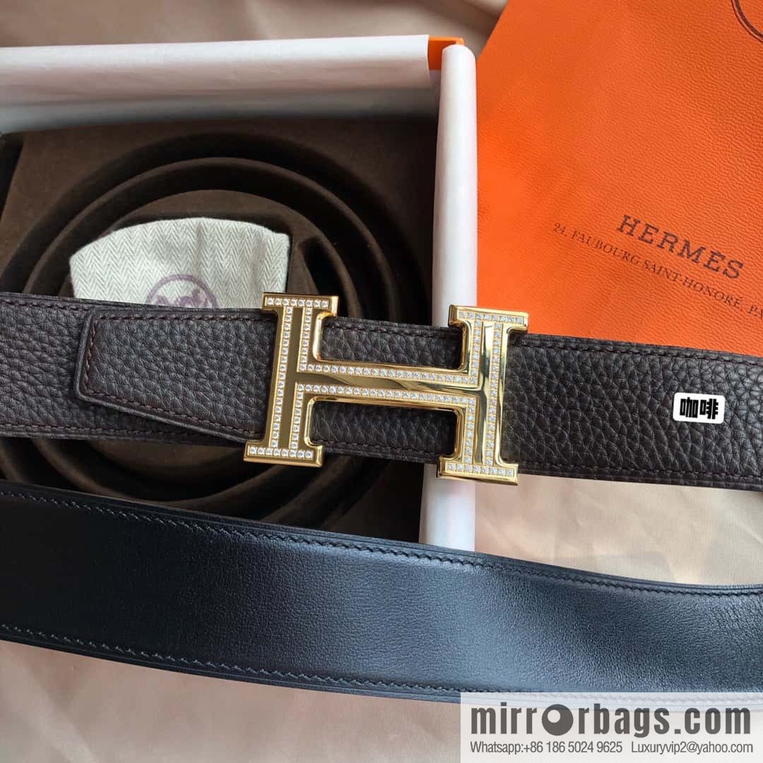 Hermes, Stainless Steel Double Row Diamond Buckle, Men's Double-Sided Leather Belt 38mm