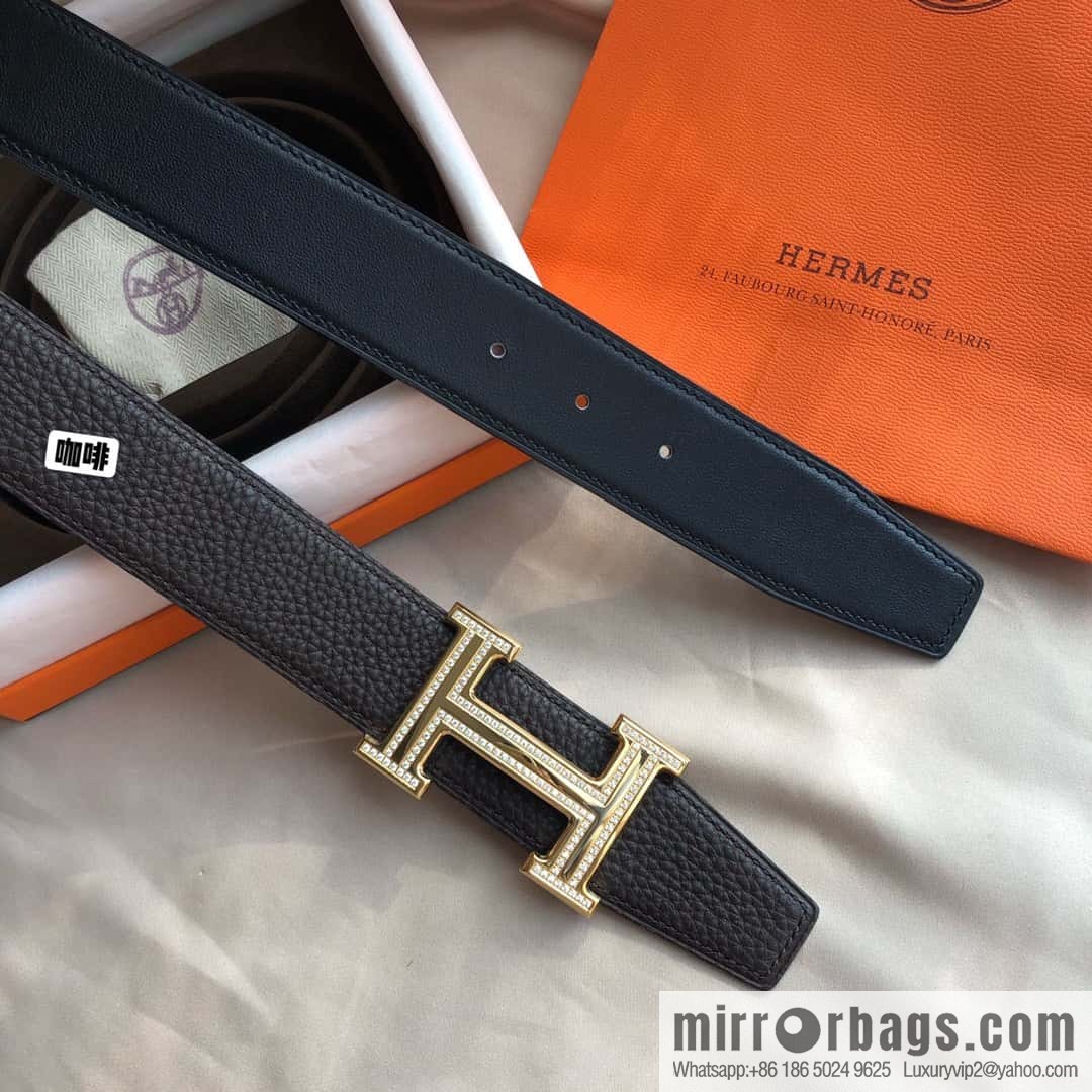 Hermes, Stainless Steel Double Row Diamond Buckle, Men's Double-Sided Leather Belt 38mm