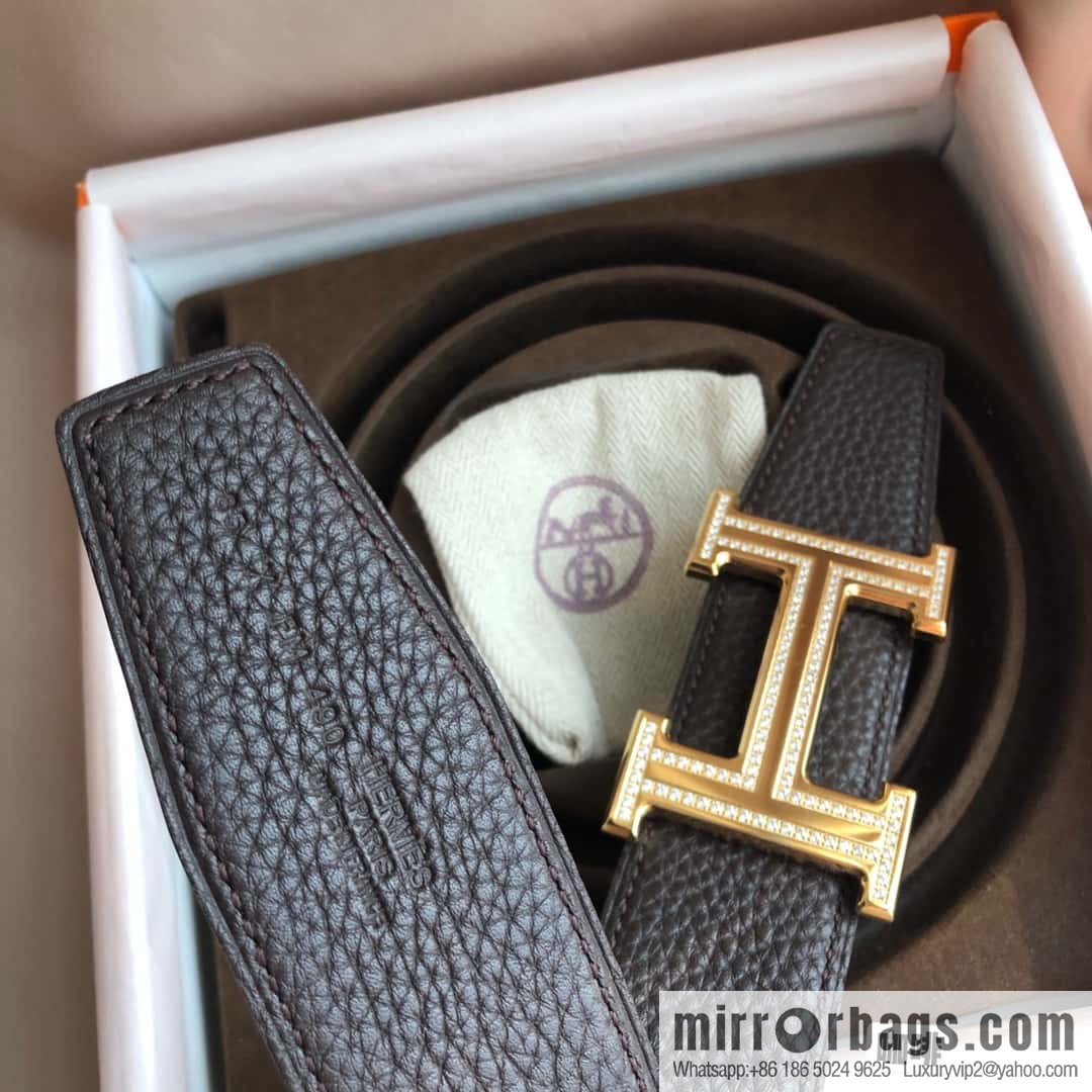 Hermes, Stainless Steel Double Row Diamond Buckle, Men's Double-Sided Leather Belt 38mm