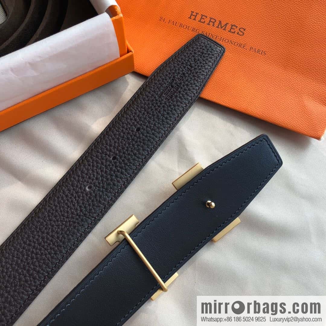 Hermes, Stainless Steel Double Row Diamond Buckle, Men's Double-Sided Leather Belt 38mm