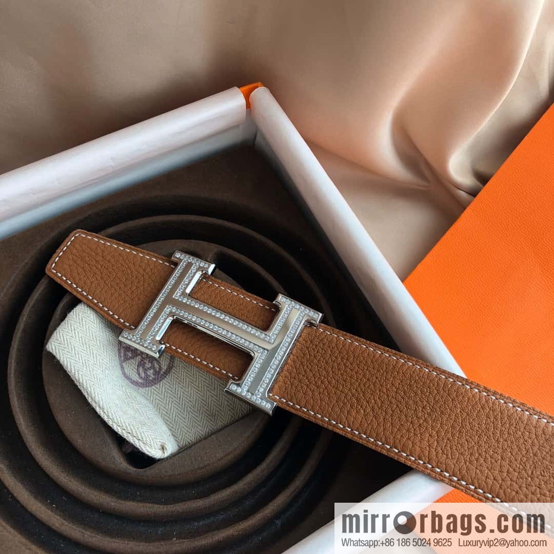 Hermes, Stainless Steel Double Row Diamond Buckle, Men's Double-Sided Leather Belt 38mm