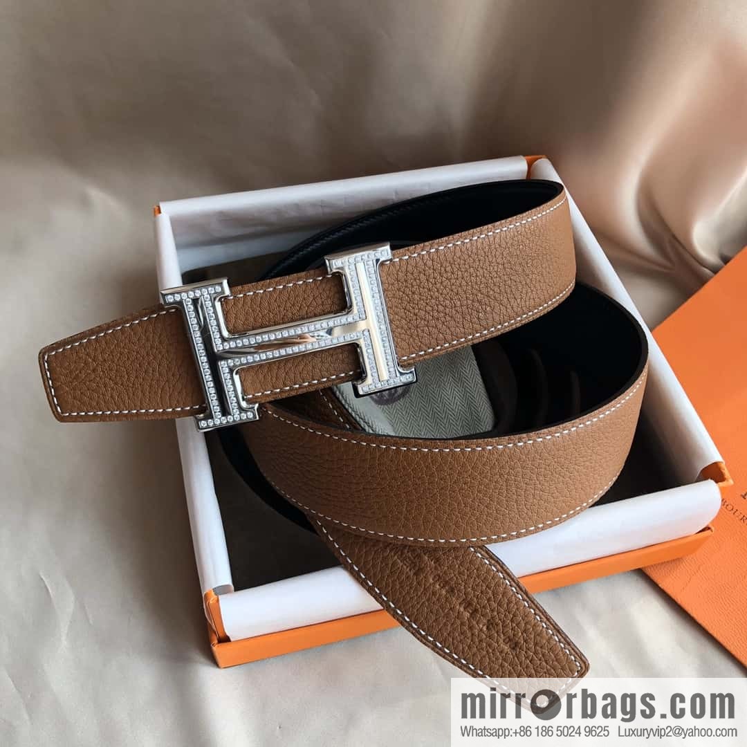 Hermes, Stainless Steel Double Row Diamond Buckle, Men's Double-Sided Leather Belt 38mm