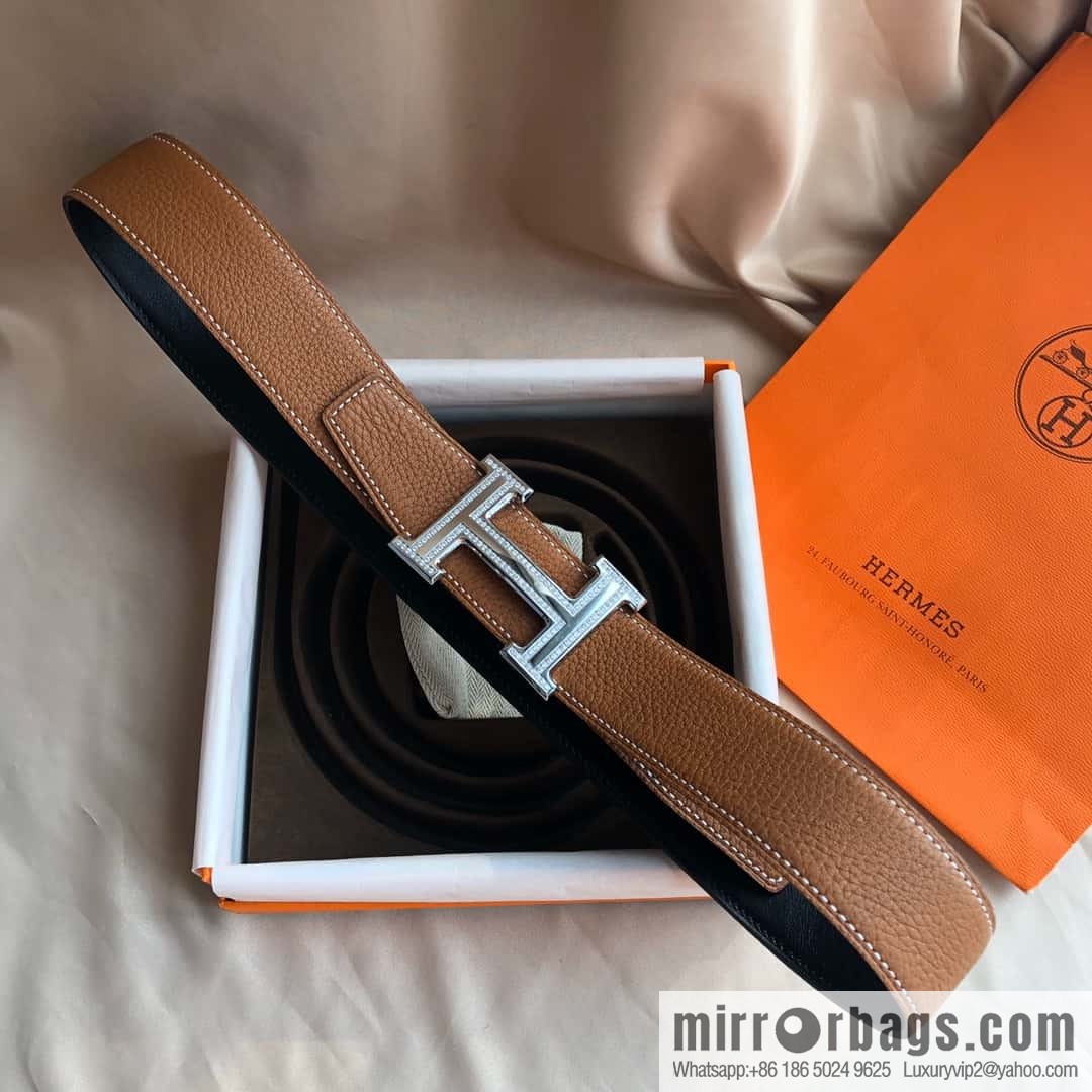 Hermes, Stainless Steel Double Row Diamond Buckle, Men's Double-Sided Leather Belt 38mm