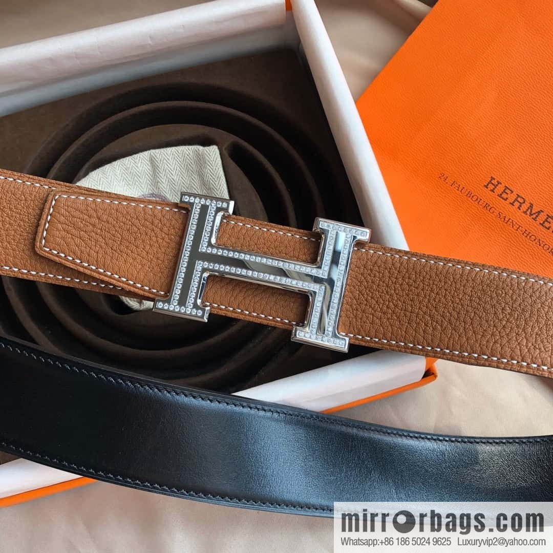 Hermes, Stainless Steel Double Row Diamond Buckle, Men's Double-Sided Leather Belt 38mm